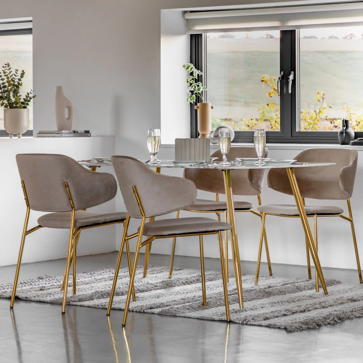 White Marble Glass Top Dining Table with Gold Metal Legs