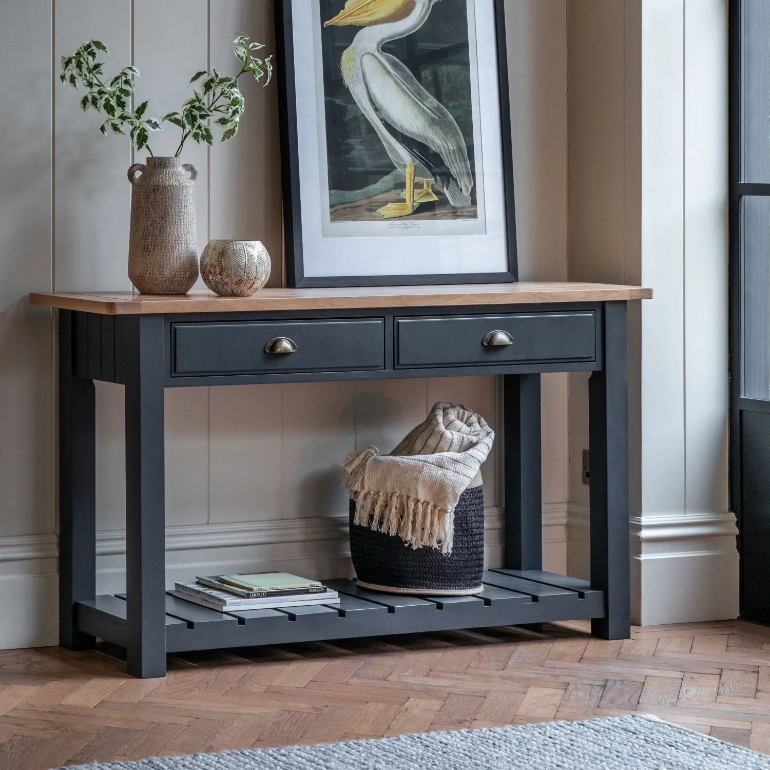 Oak Top Grey Painted 2 Drawer Console Table