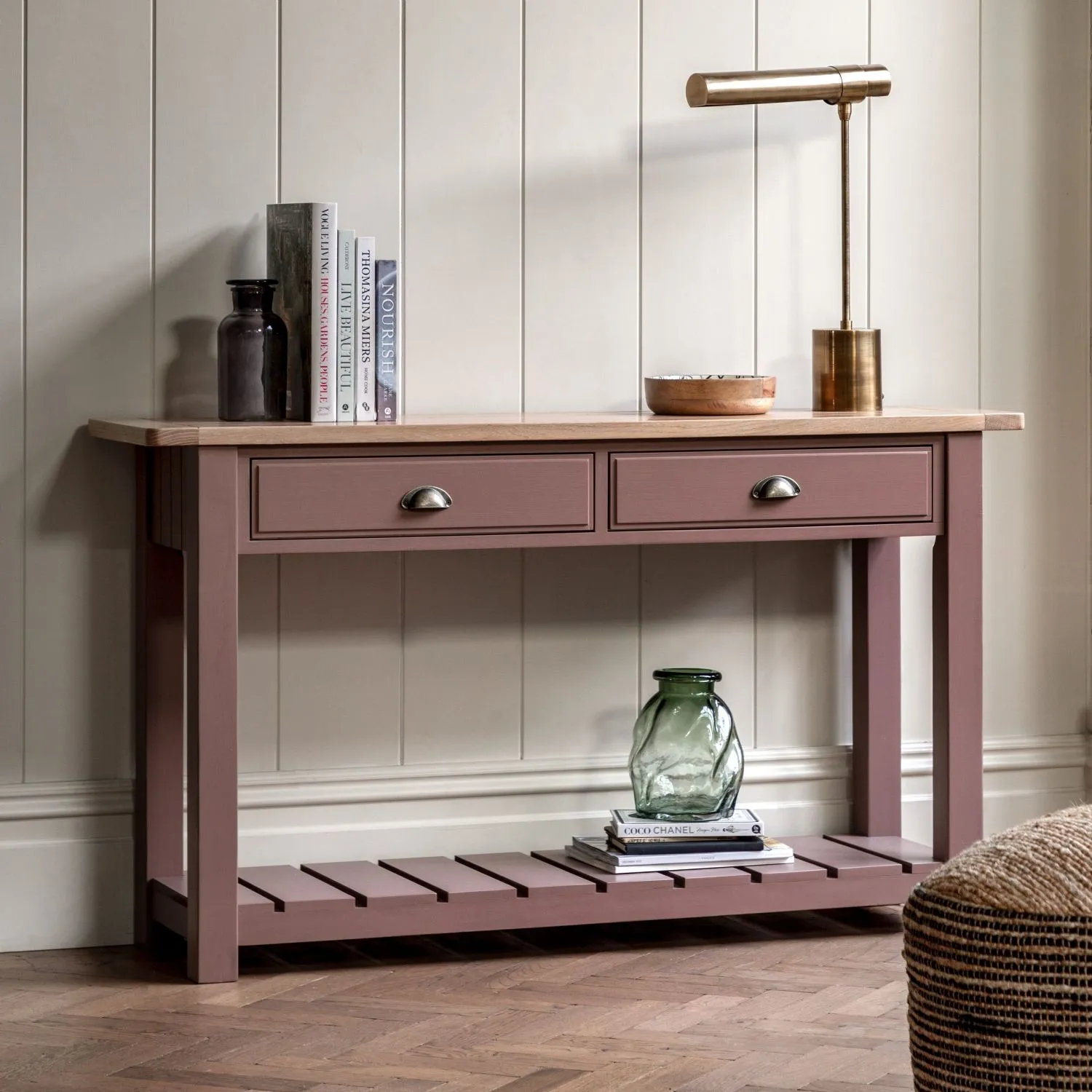 Traditional Oak Top Clay Painted 2 Drawer Console Table