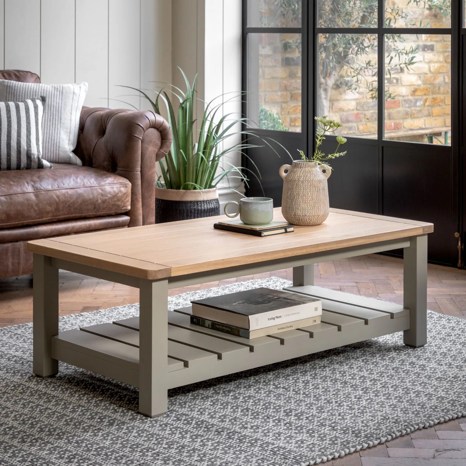 Light Grey Painted Oak Top Low Coffee Table with Shelf