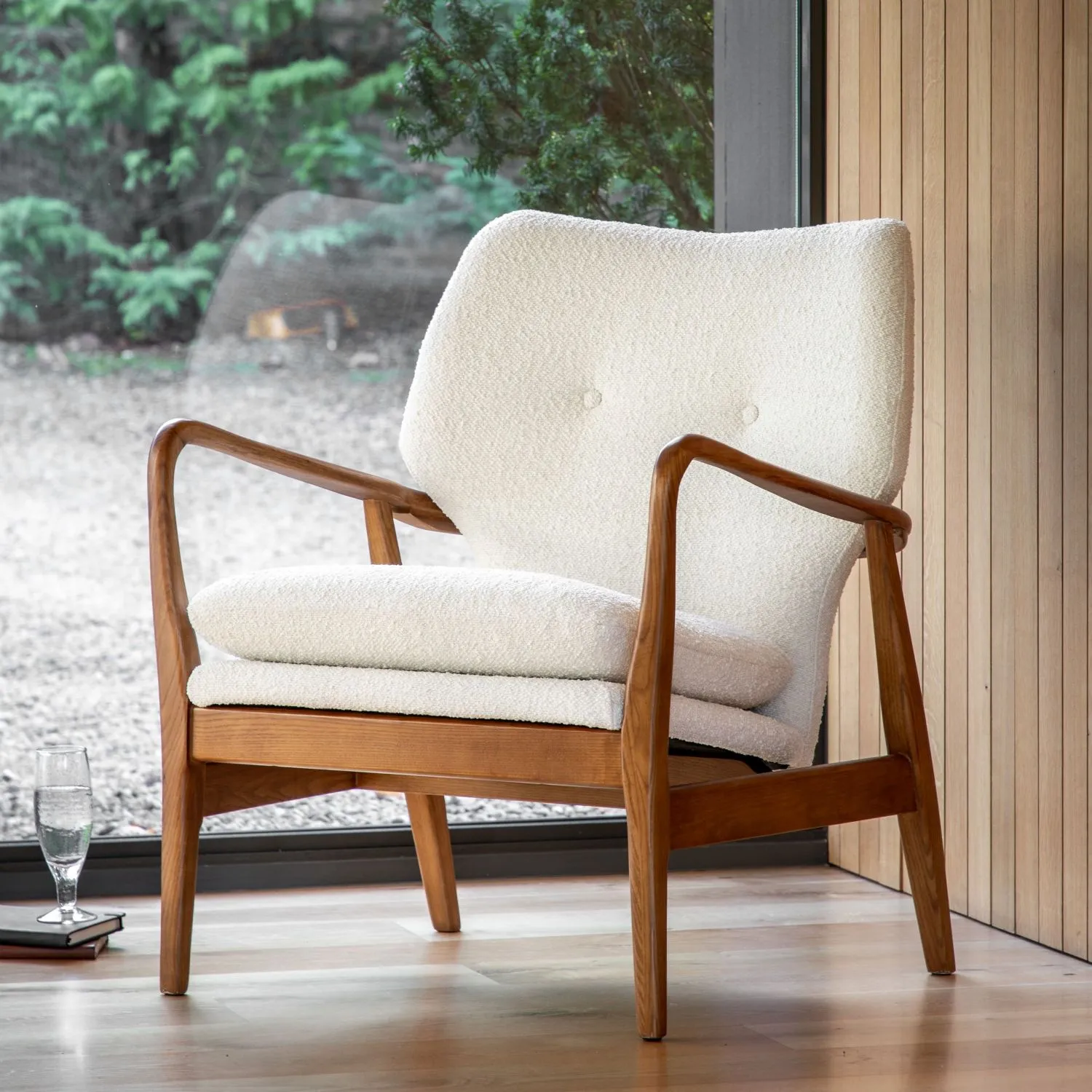 Cream Dark Wood Natural Linen Fabric Buttoned Armchair