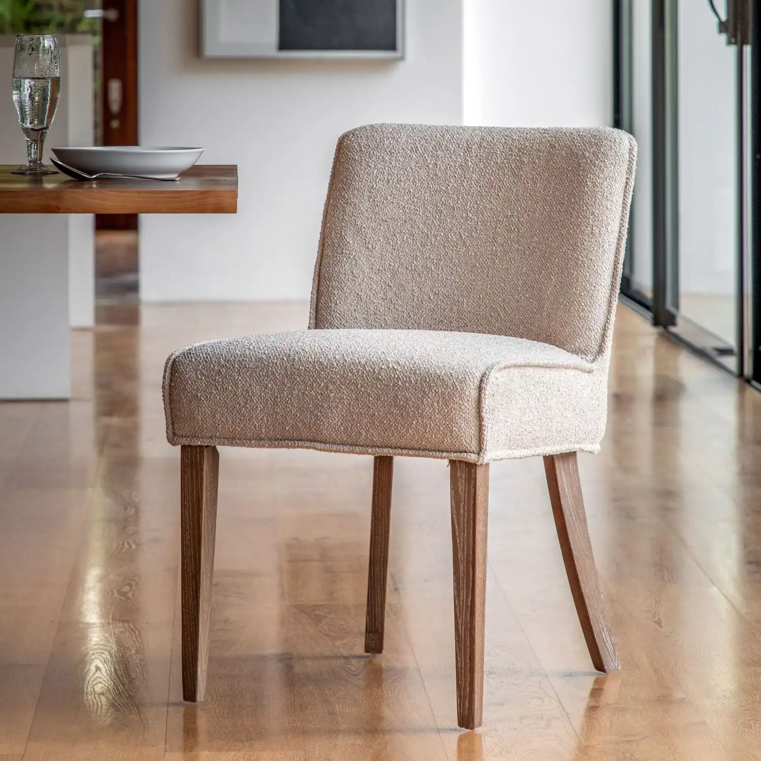 Taupe Linen Fabric Dining Chair Curved Oak Legs