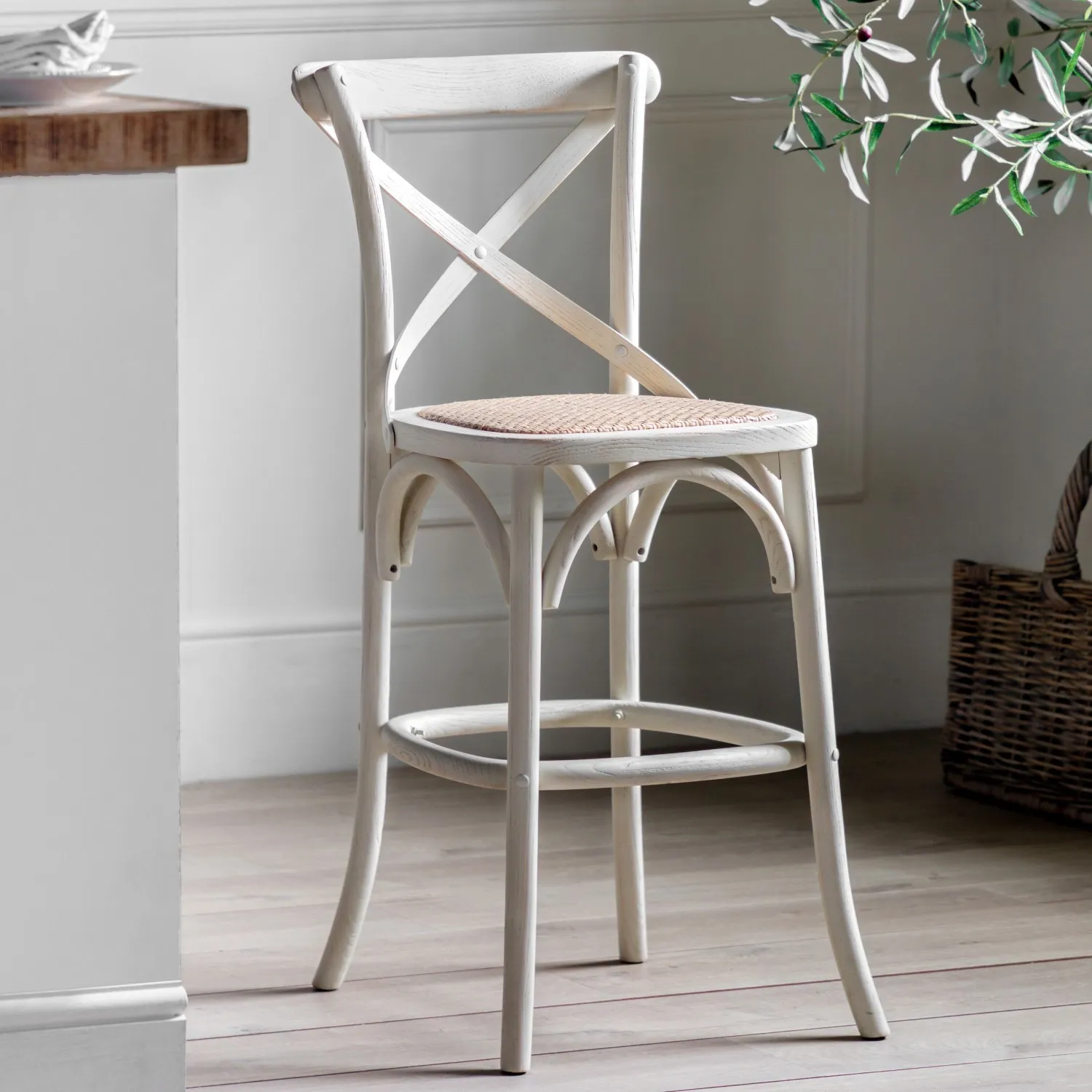 White Painted Bistro Bar Stool with Rattan Seat