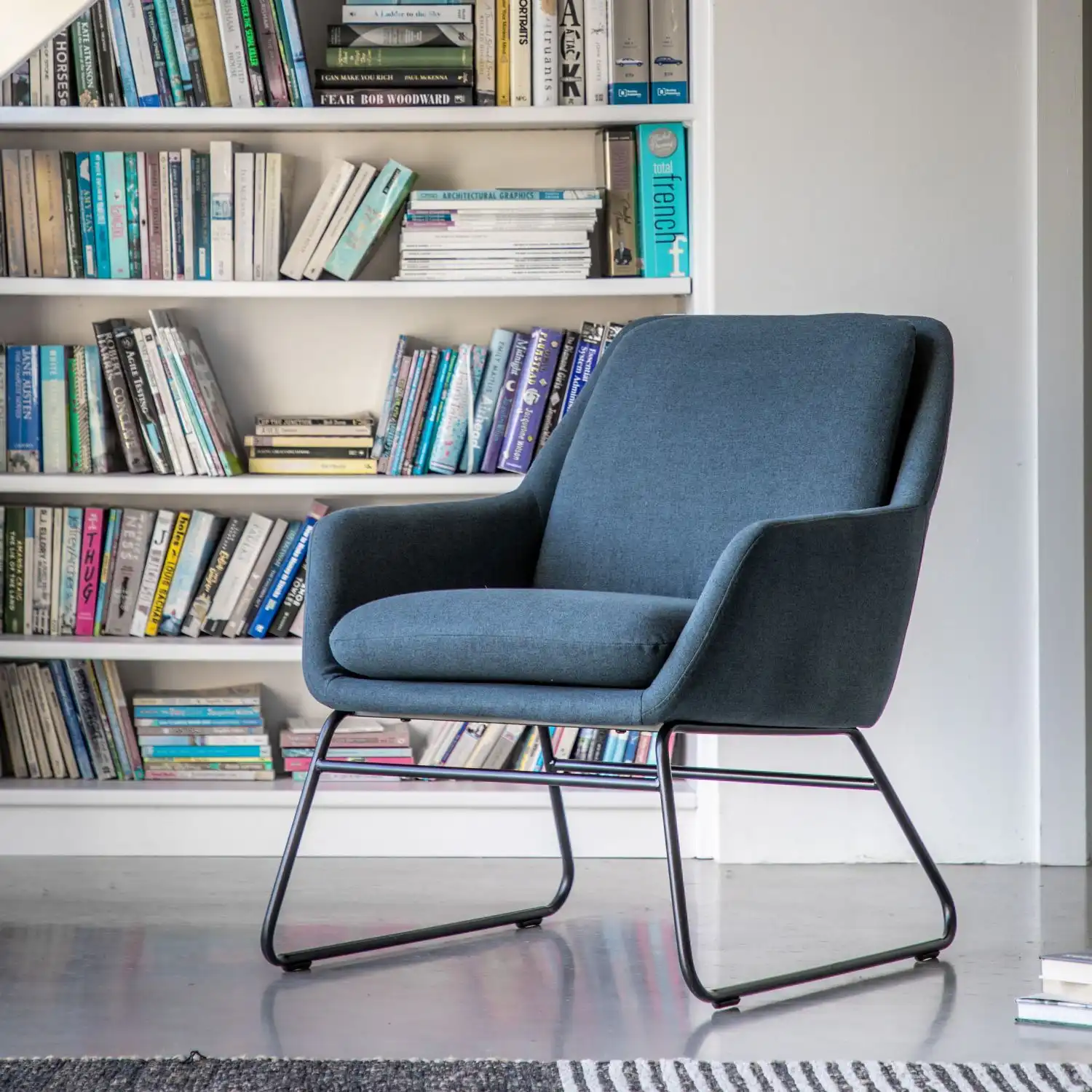 Blue Fabric Occasional Chair Slim Metal Leg Frame
