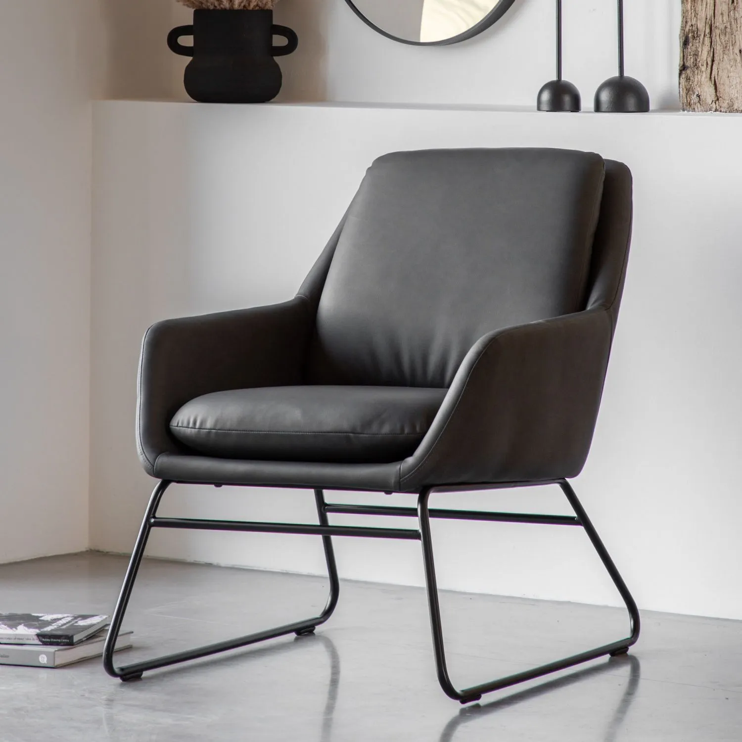 Retro Grey PU Leather Occasional Chair Slim Metal Frame