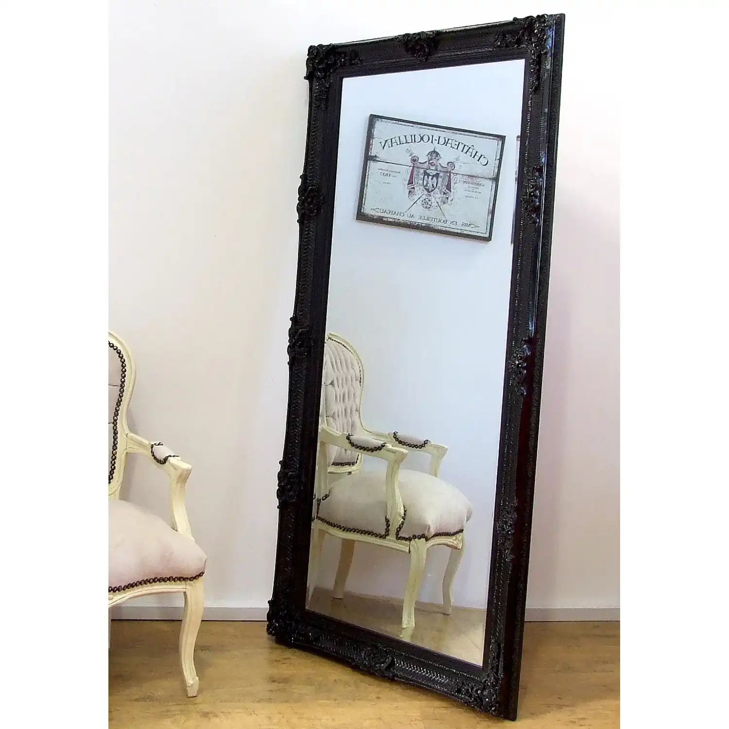 Large Antique Black Painted Ornate Wall Mirror Baroque Style Wood Framed