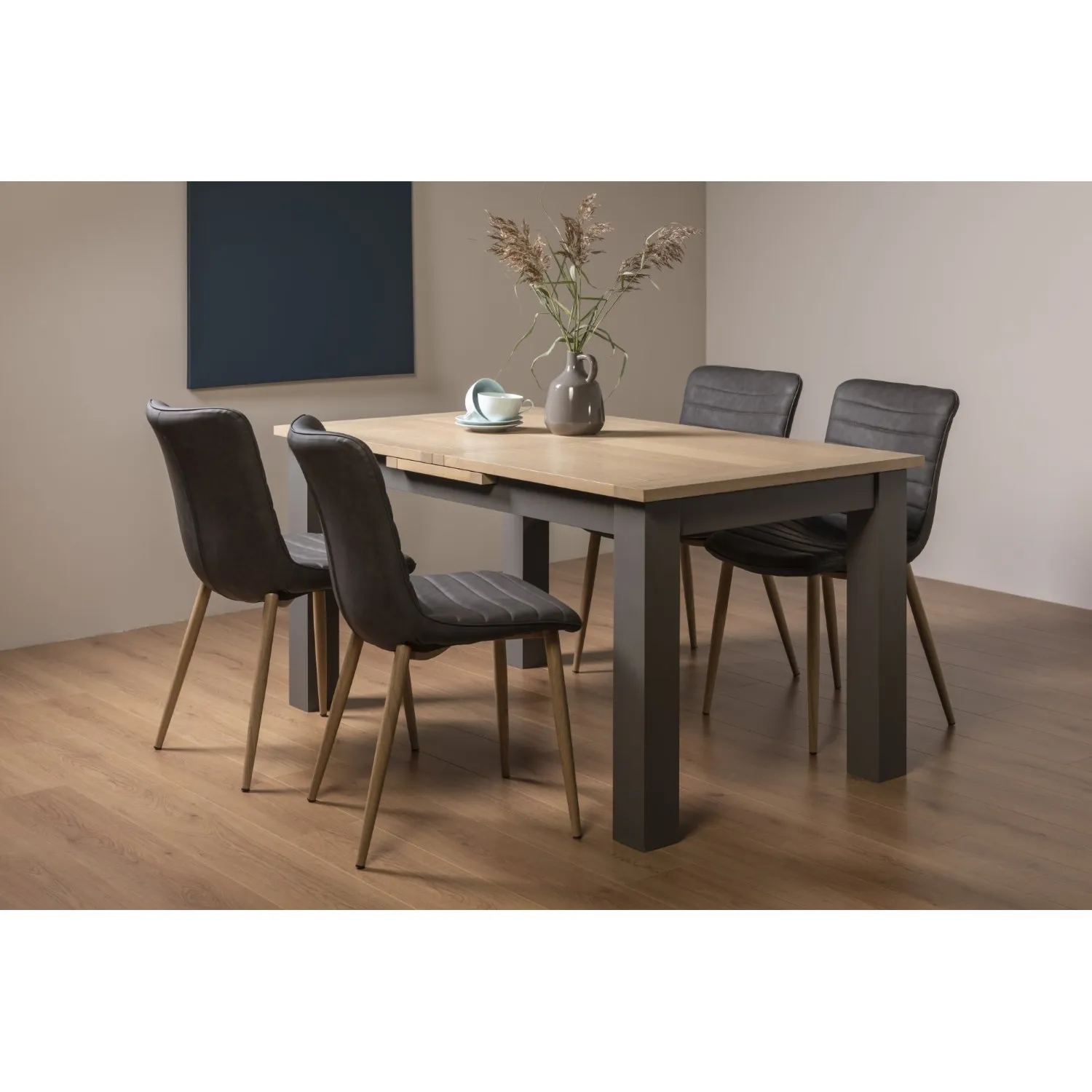 Scandi Oak 4 to Extending Dining 4 Dark Grey Leather Chairs