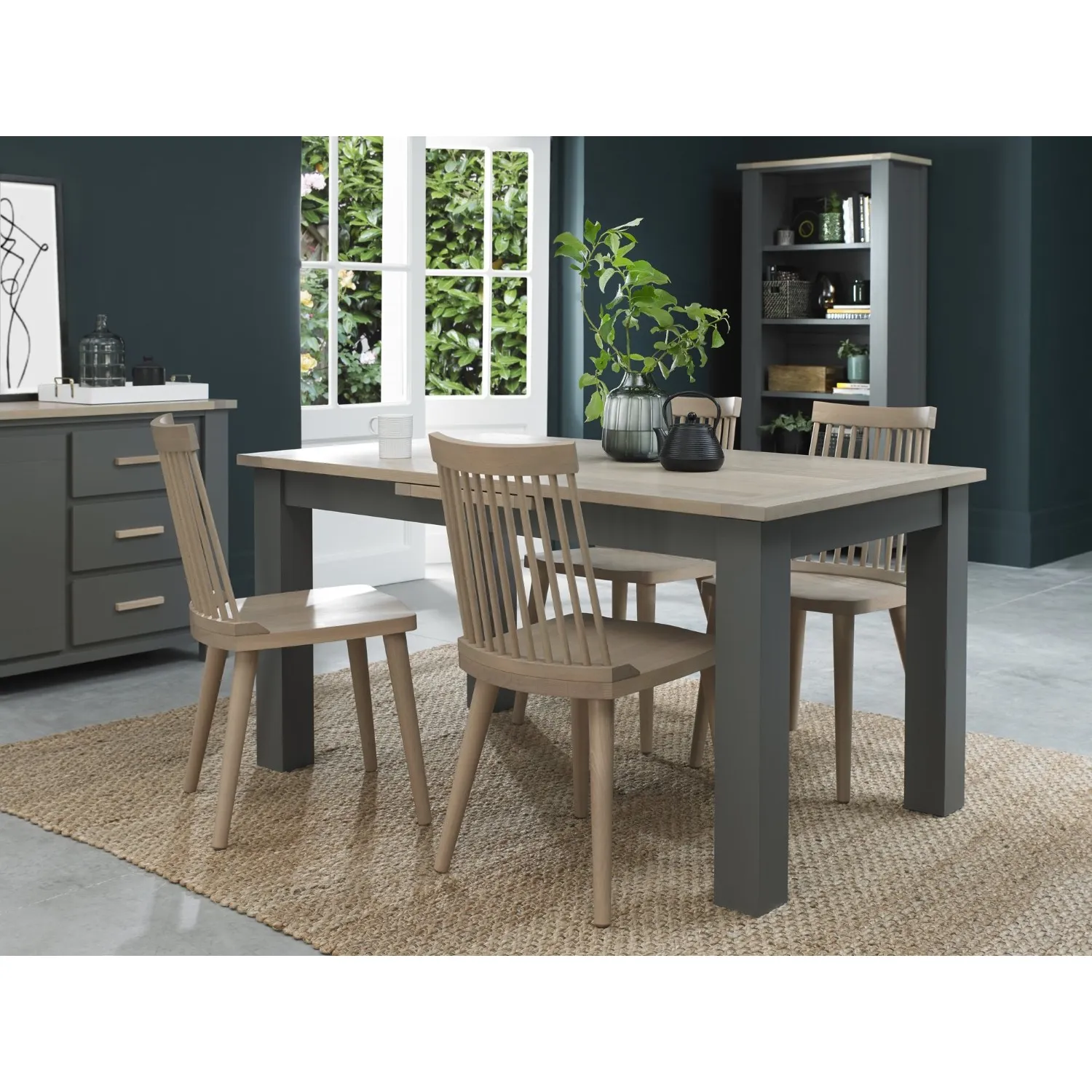 Grey Extending Dining Table Set 4 Spindle Chairs Scandi Oak