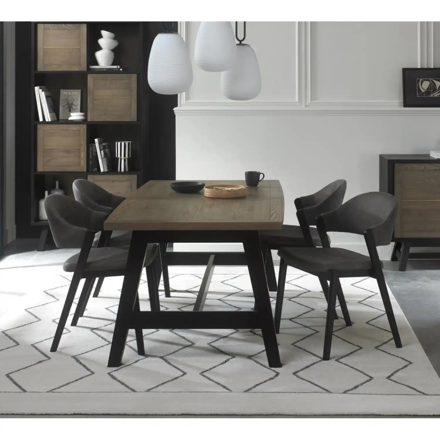 Weathered Oak Ext. Dining Table Set 4 Grey Fabric Chairs