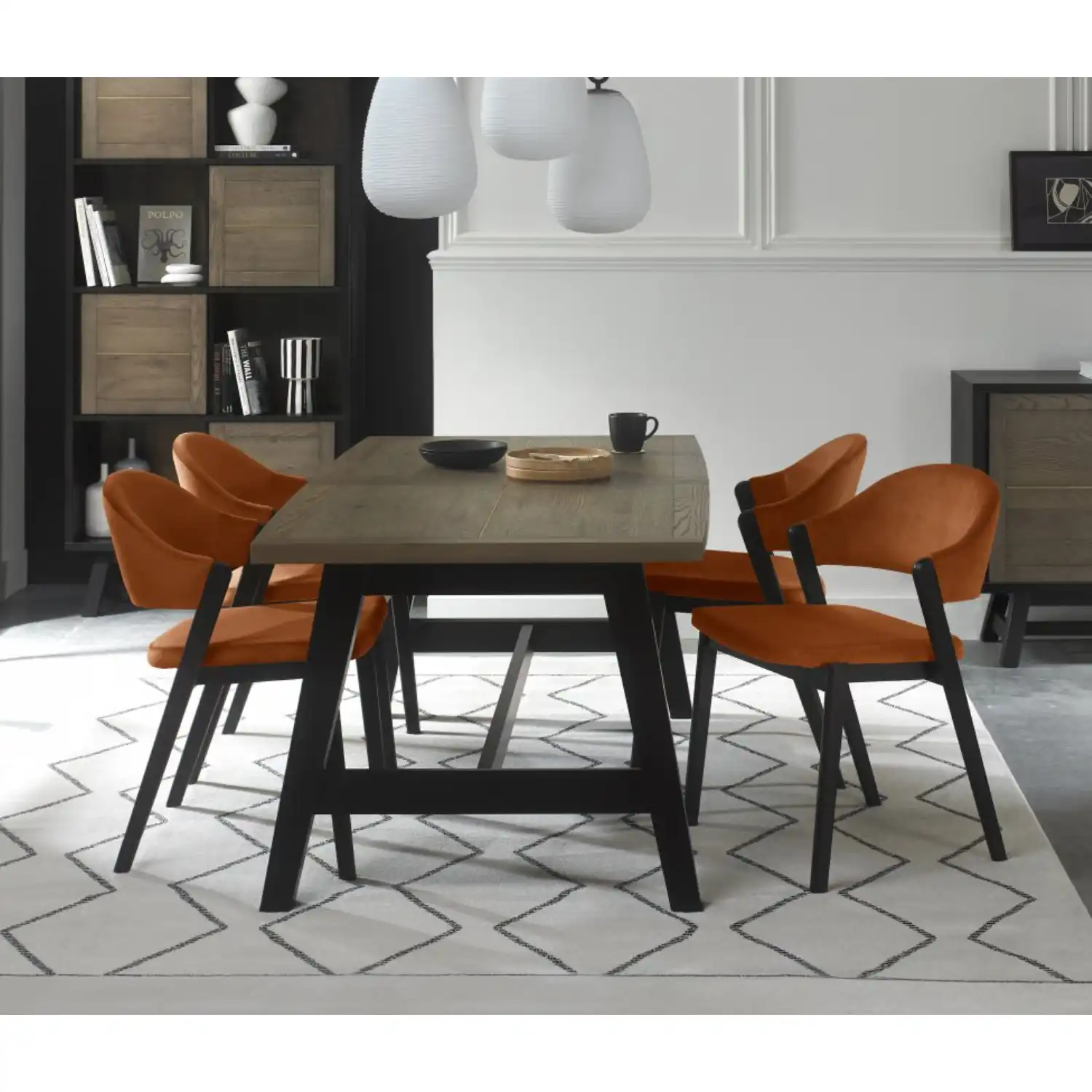 Weathered Oak Dining Table Set 4 Orange Velvet Side Chairs