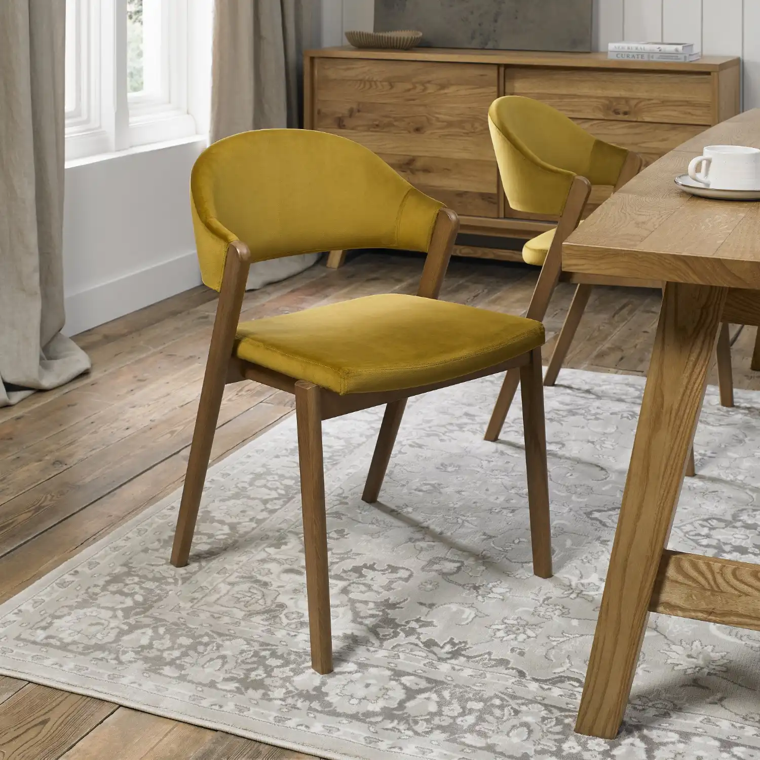 Yellow Velvet Fabric Rustic Oak Upholstered Dining Chair