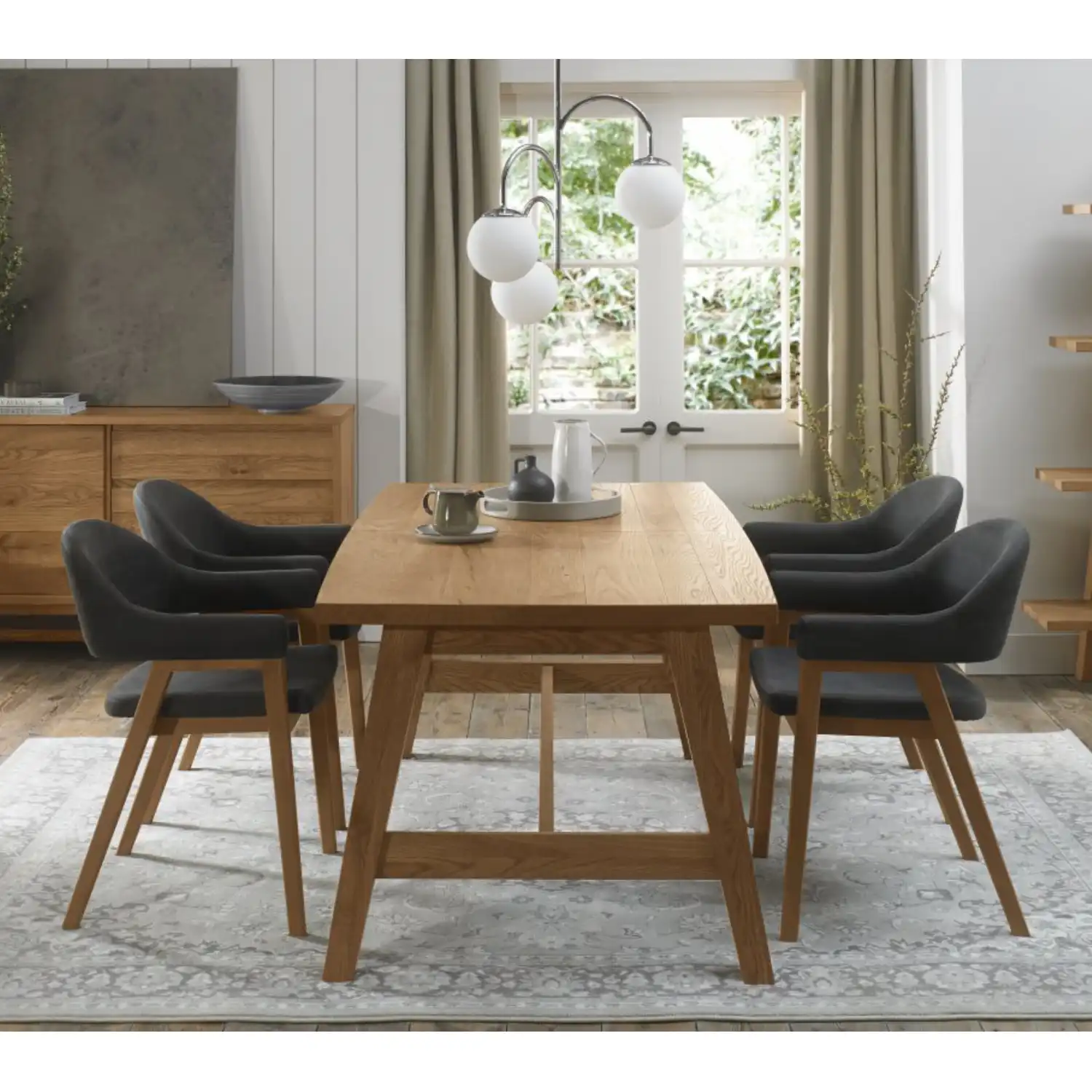 Rustic Oak Dining Table Set 4 Dark Grey Fabric Armchairs