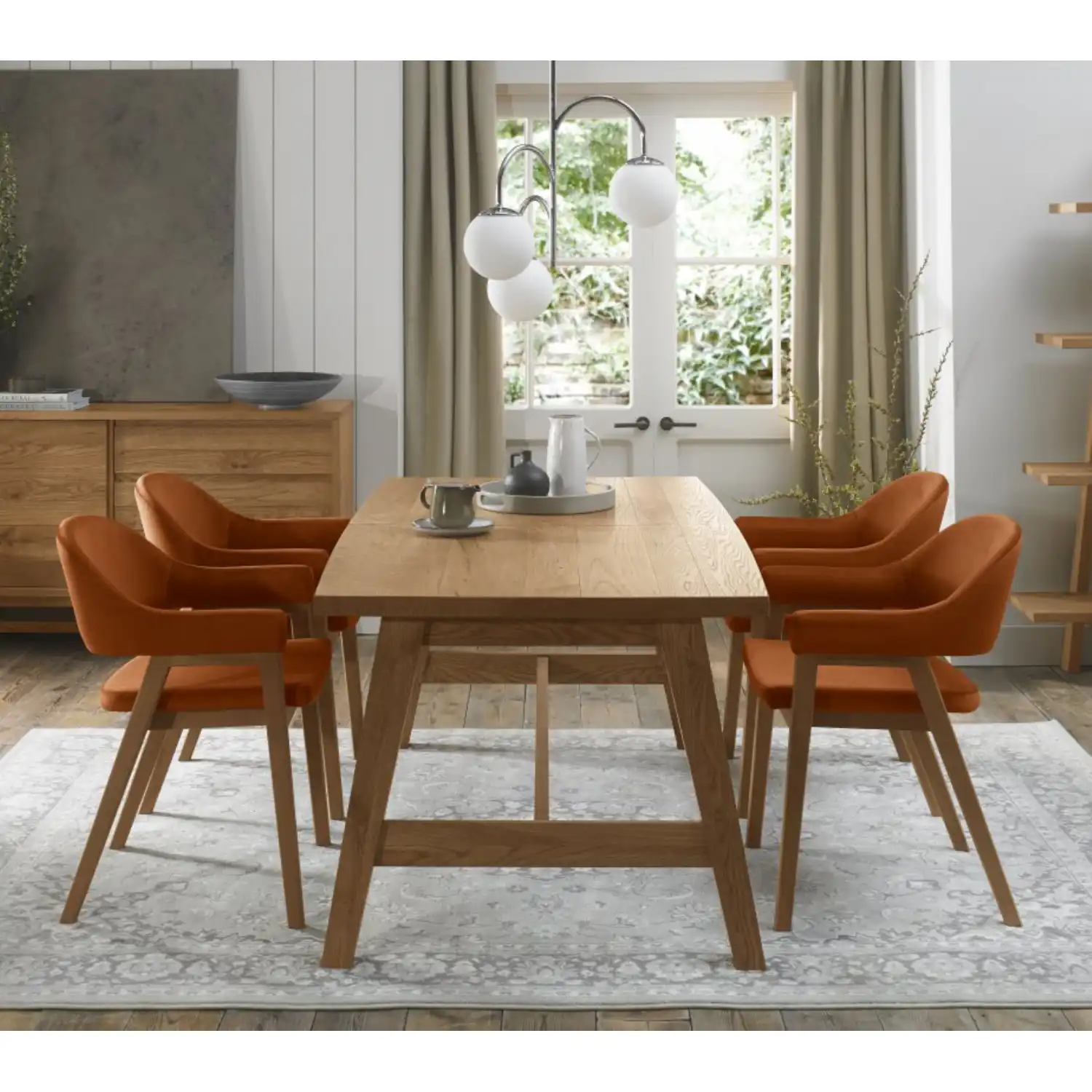 Rustic Oak Dining Table Set 4 Rust Velvet Fabric Arm Chairs