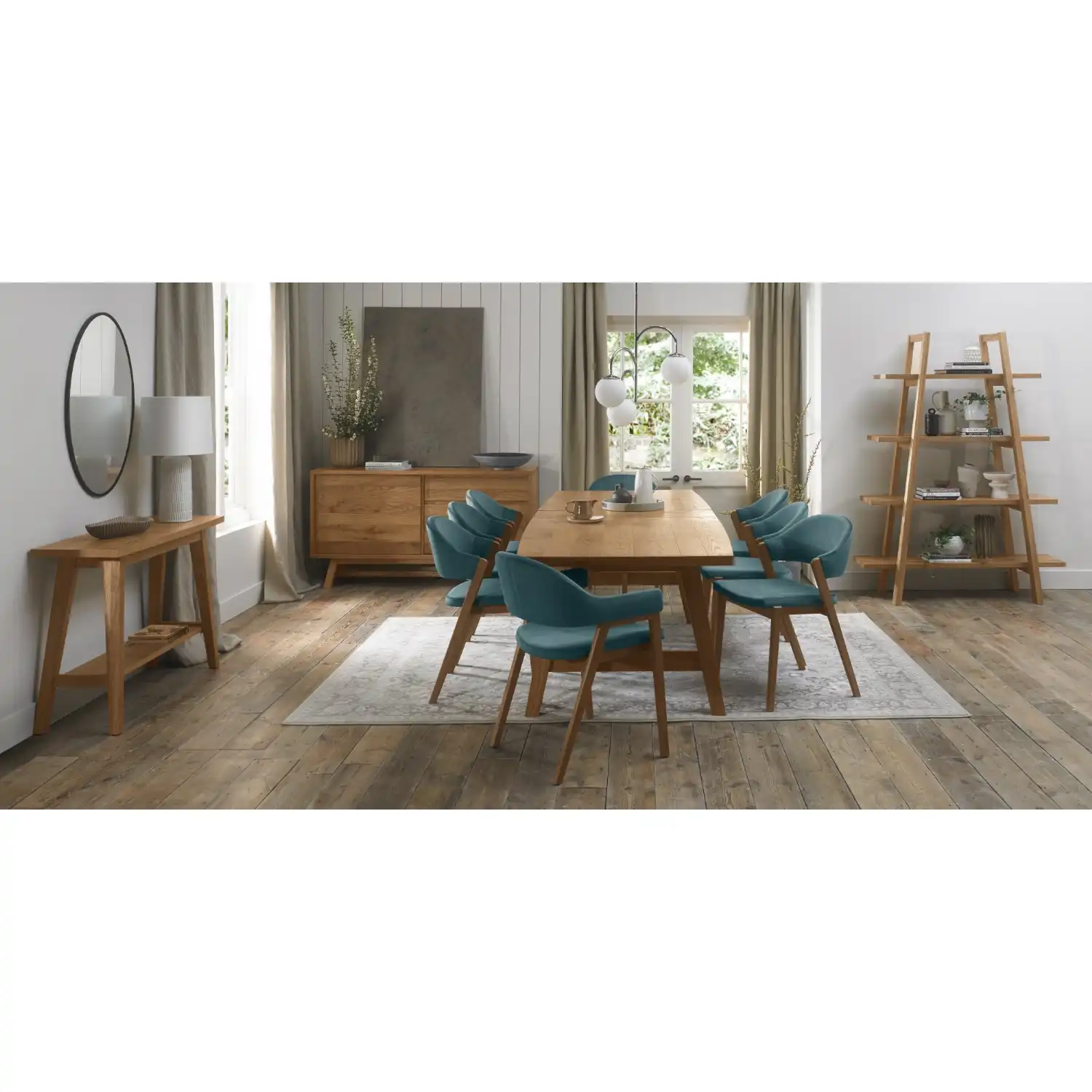 Rustic Oak Dining Set 6 Chairs 2 Carvers Velvet Fabric