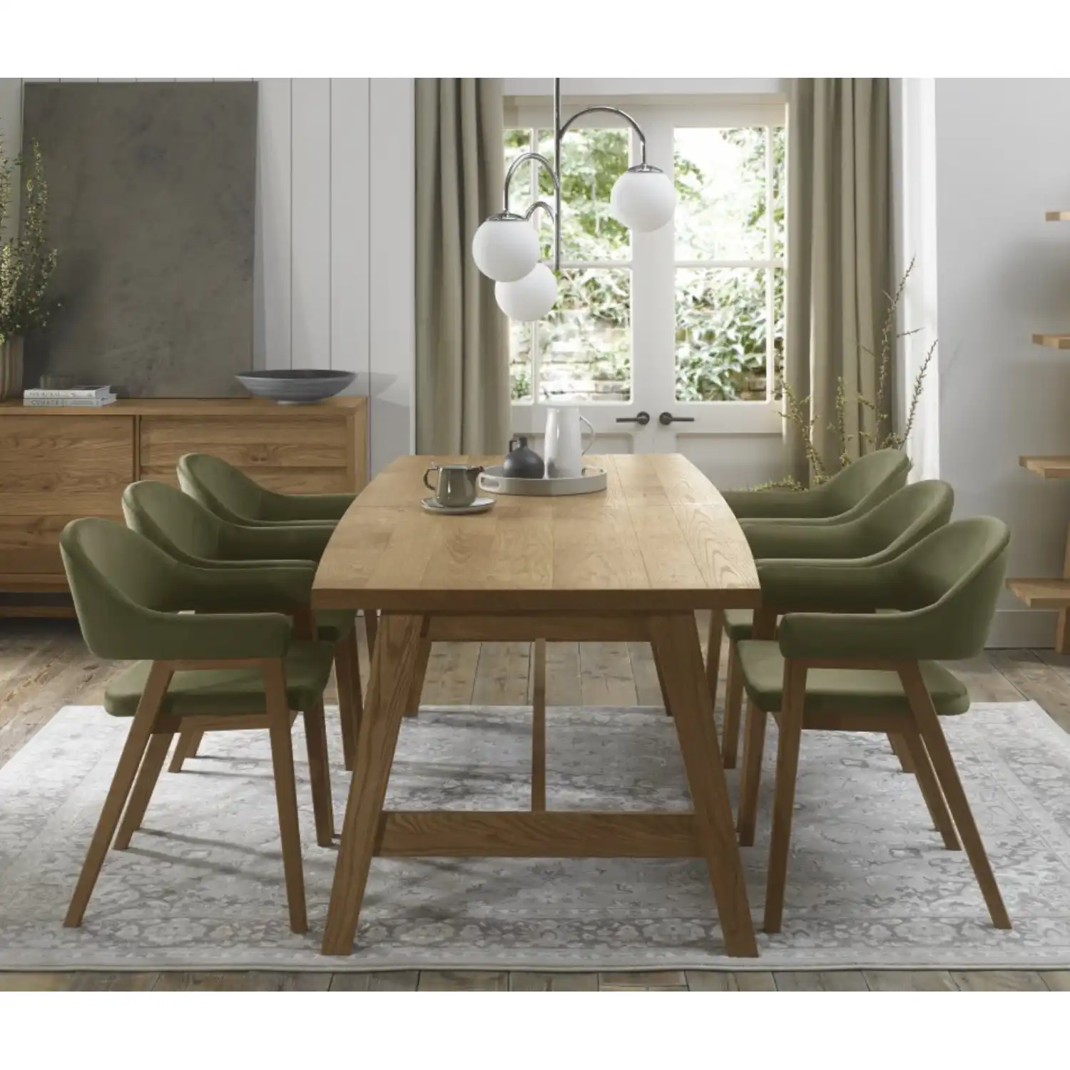 Rustic Oak Table Set 6 Green Velvet Fabric Oak Arm Chairs