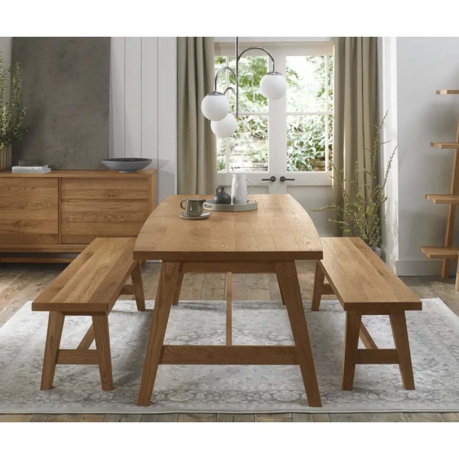 Large Rustic Oak Dining Table Set with 2 Oak Benches