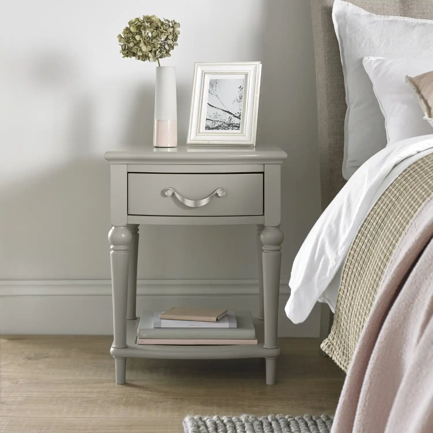 Grey Painted Bedside Lamp Table 1 Drawer Open Base