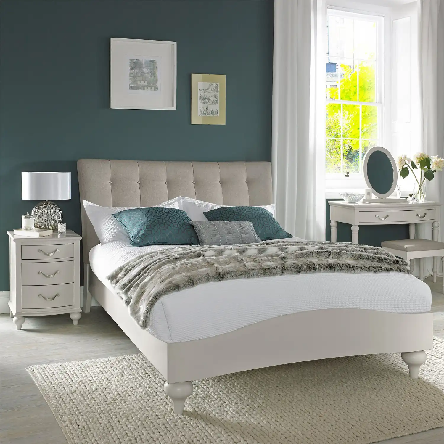 Grey Painted Fabric Headboard King Size Bed