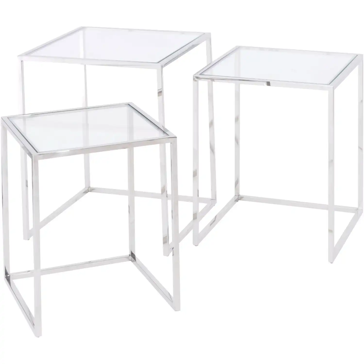 Set Of 3 Square Nesting Tables Silver Metal Glass Tops