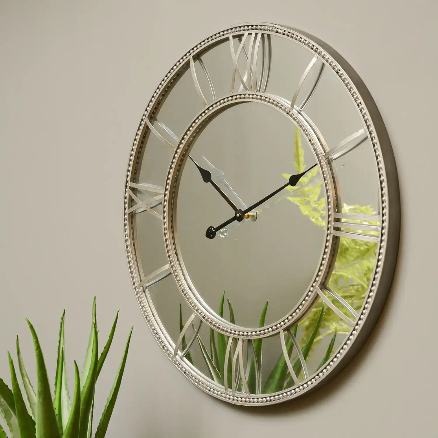 Grey Metal Mirrored Glass Round Wall Clock 70cm Dia