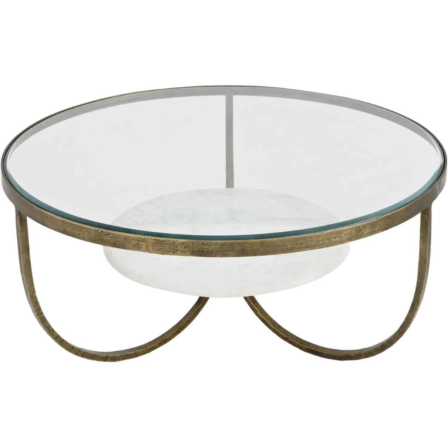 Gold Metal Round Glass Coffee Table with White Marble Base