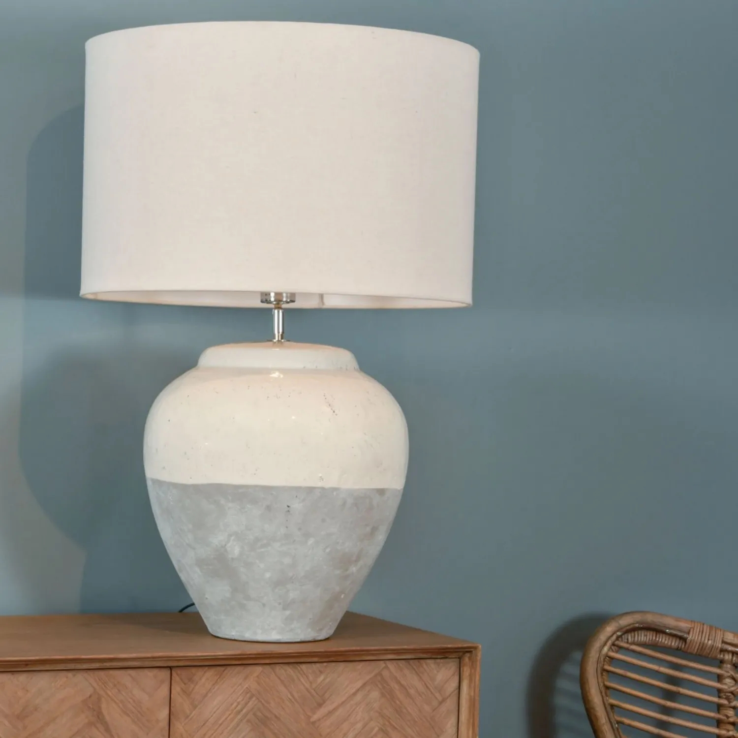 Large Grey Porcelain Table Lamp with Cream Linen Shade