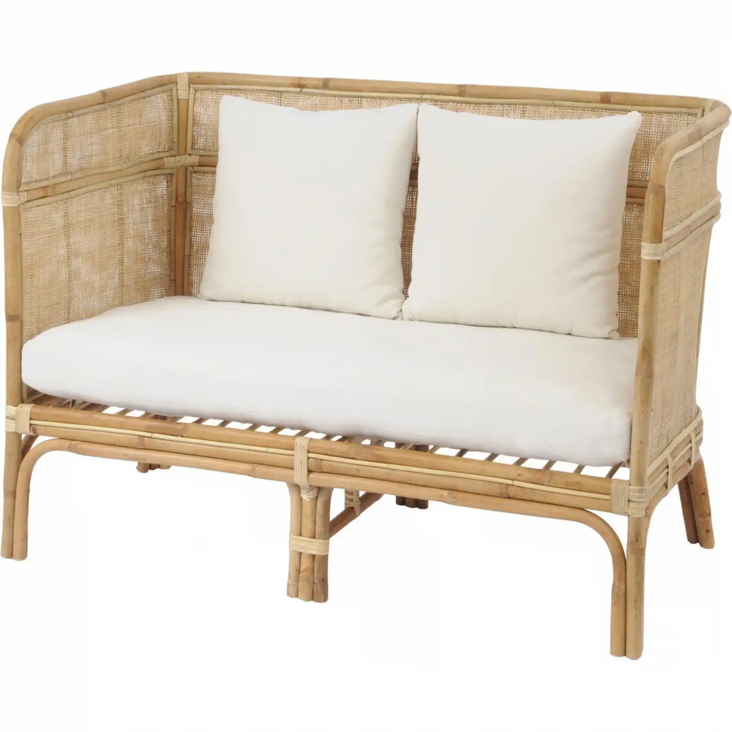 Rattan Bench High Wrap Round Back and Seat Cushions
