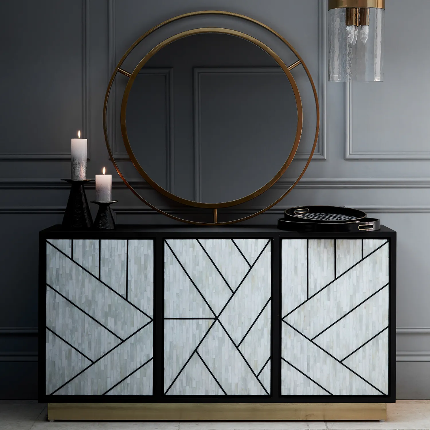 Bone Inlay Black and White Abstract 3 Door Sideboard