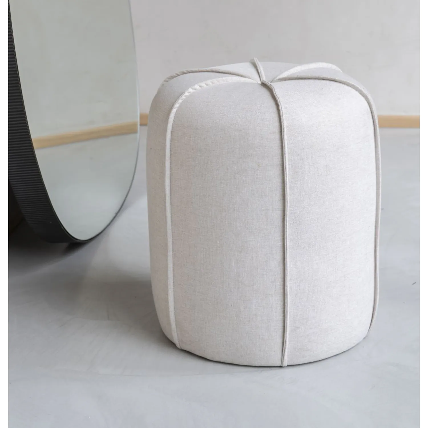 Oatmeal Fabric Upholstered Buttoned Stool with Piping
