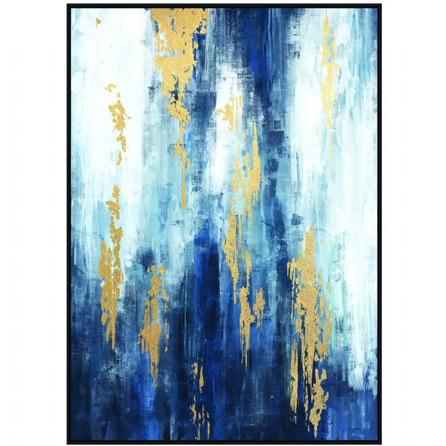 Blue and Gold Distressed Foiled Framed Canvas Wall Art