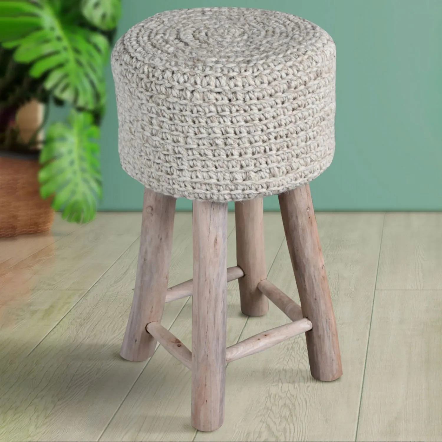 Scandi Natural Wooden Knitted Woolen Bar Stool with Footrest