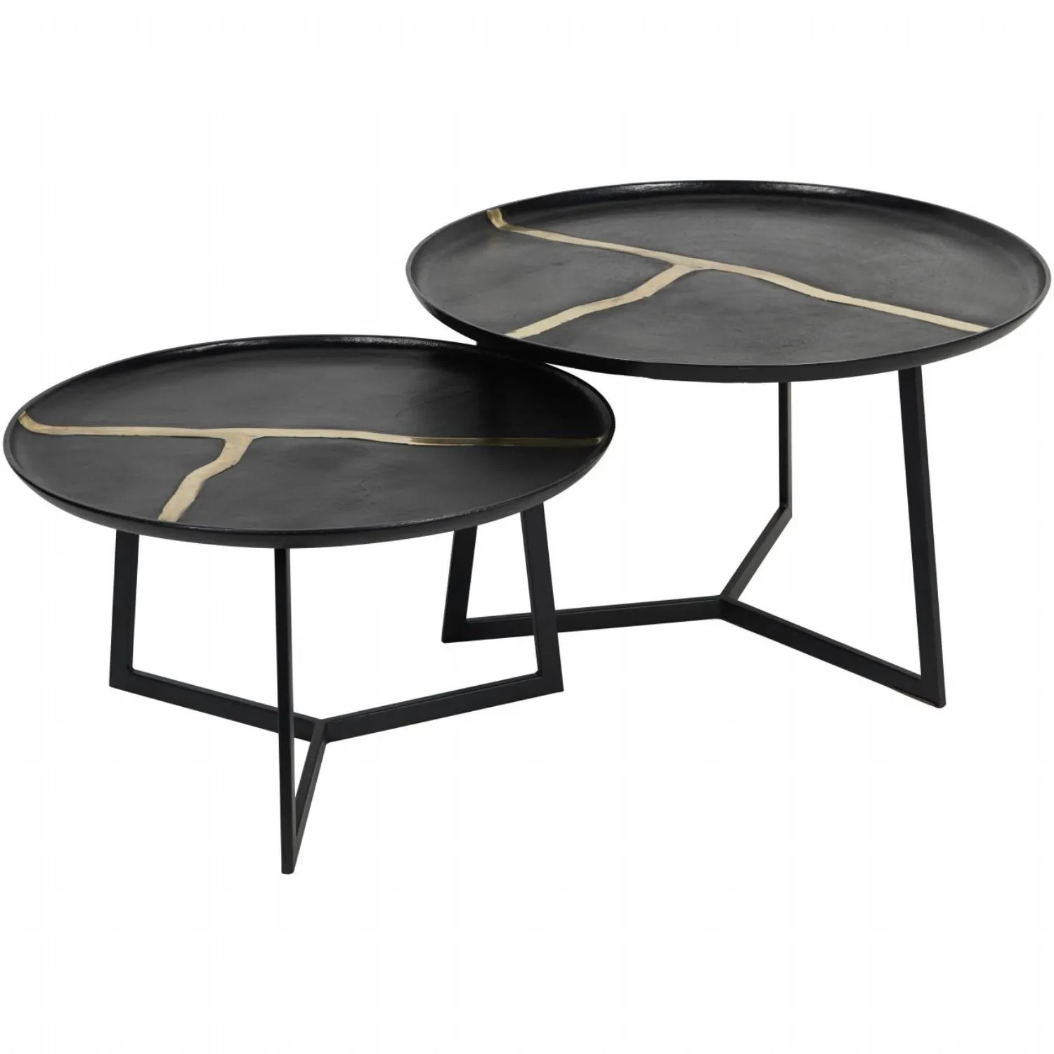 Black Abstract Patterned Metal Round Set of 2 Coffee Tables