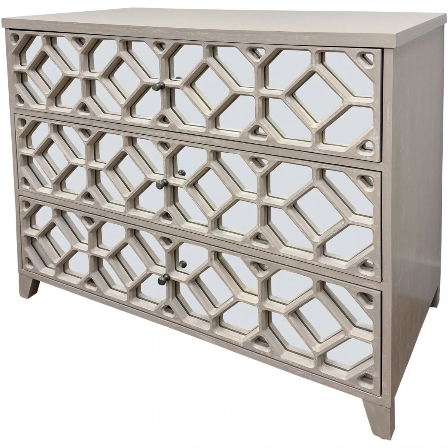 Distressed Grey Fretwork Wooden Chest of 3 Drawers