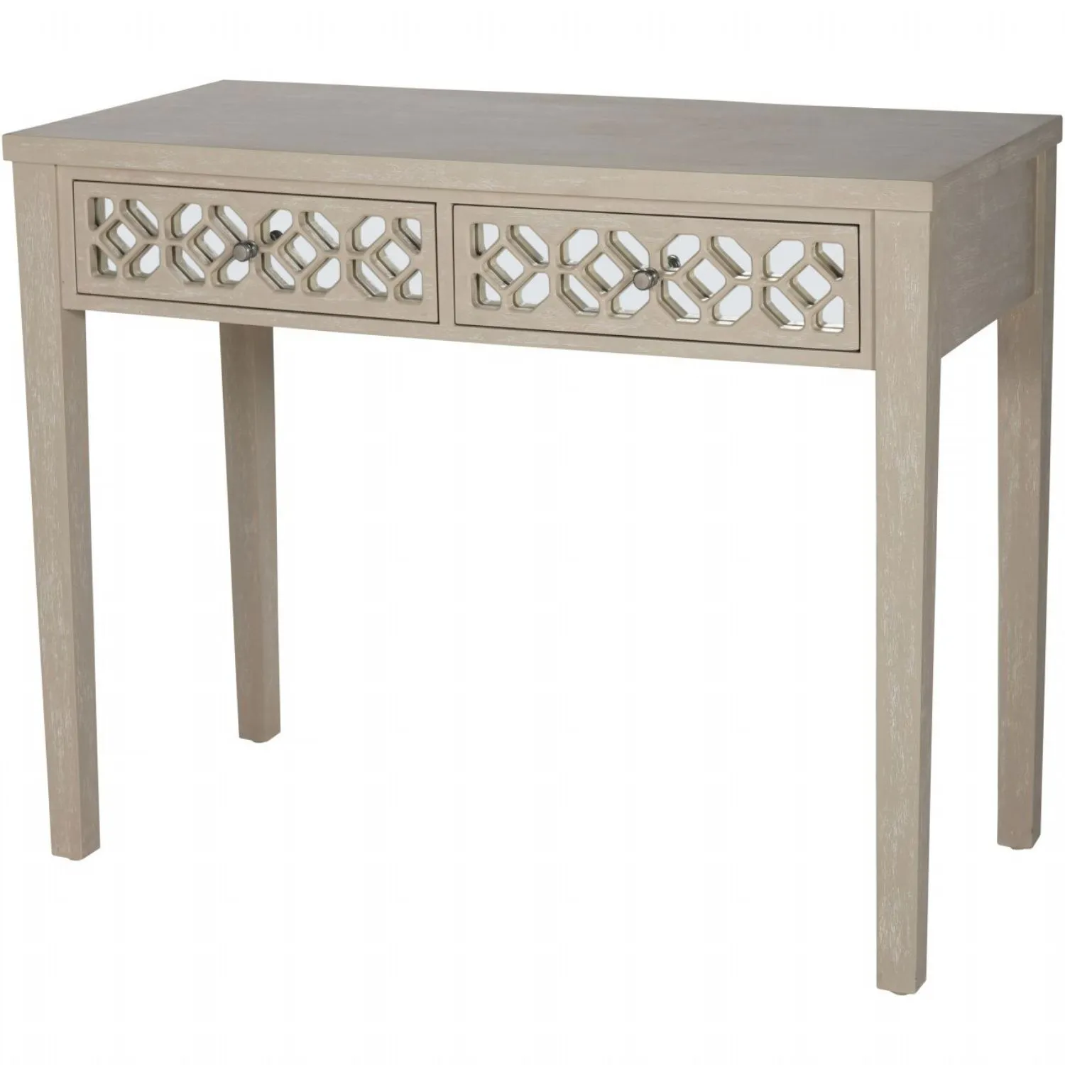 Distressed Grey Fretwork Wooden 2 Drawer Console Table