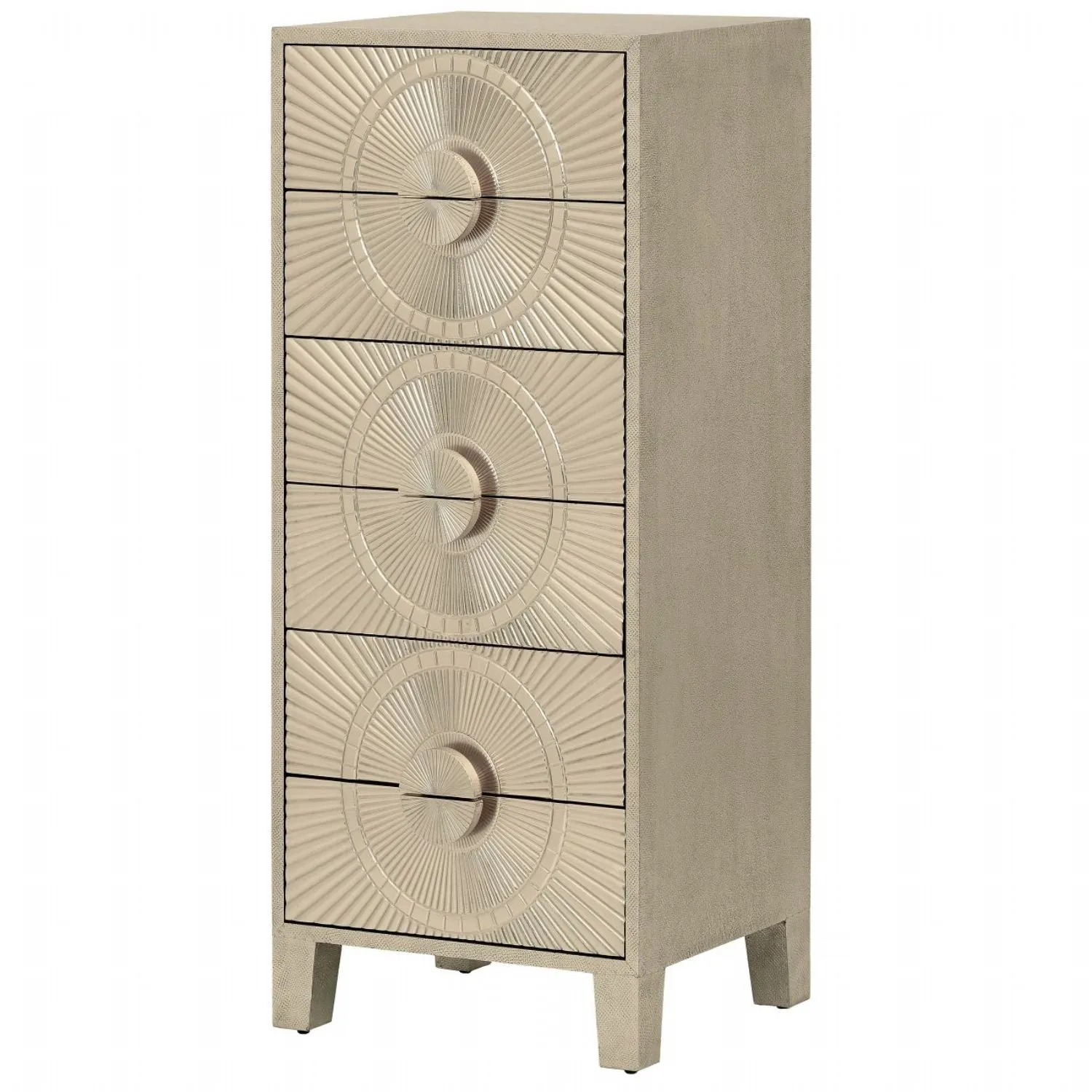 Silver Embossed Metal Chest of 6 Drawers Tall Boy