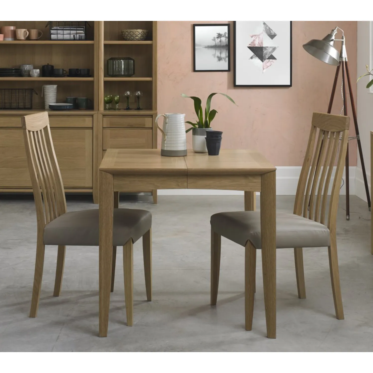 Oak Small Dining Table Set 2 Slat Back Grey Leather Chairs