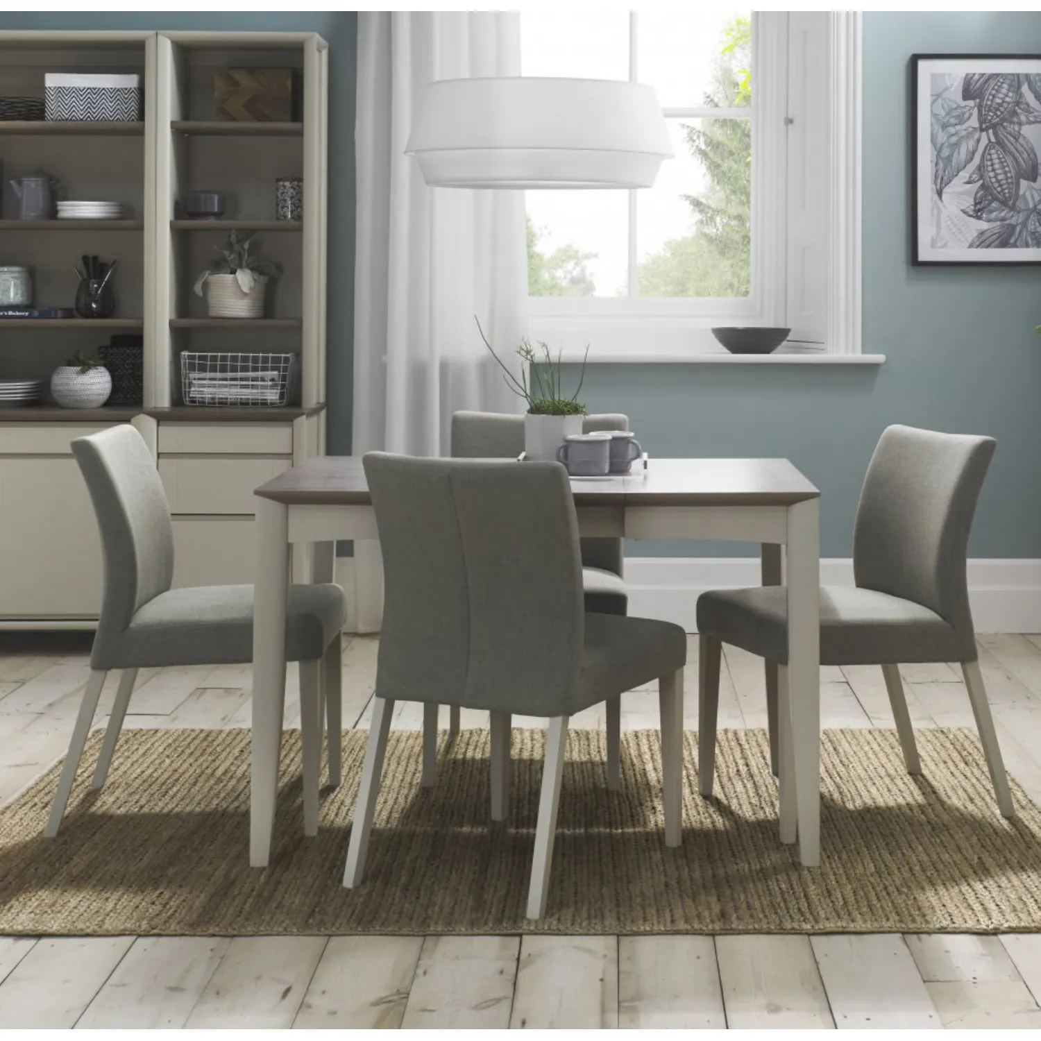 Washed Oak Dining Table Set 4 Grey Washed Chairs in Fabric