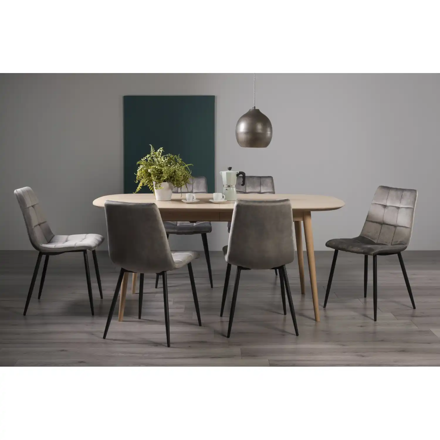 Oak Extending Dining Table Set 6 Grey Velvet Fabric Chairs