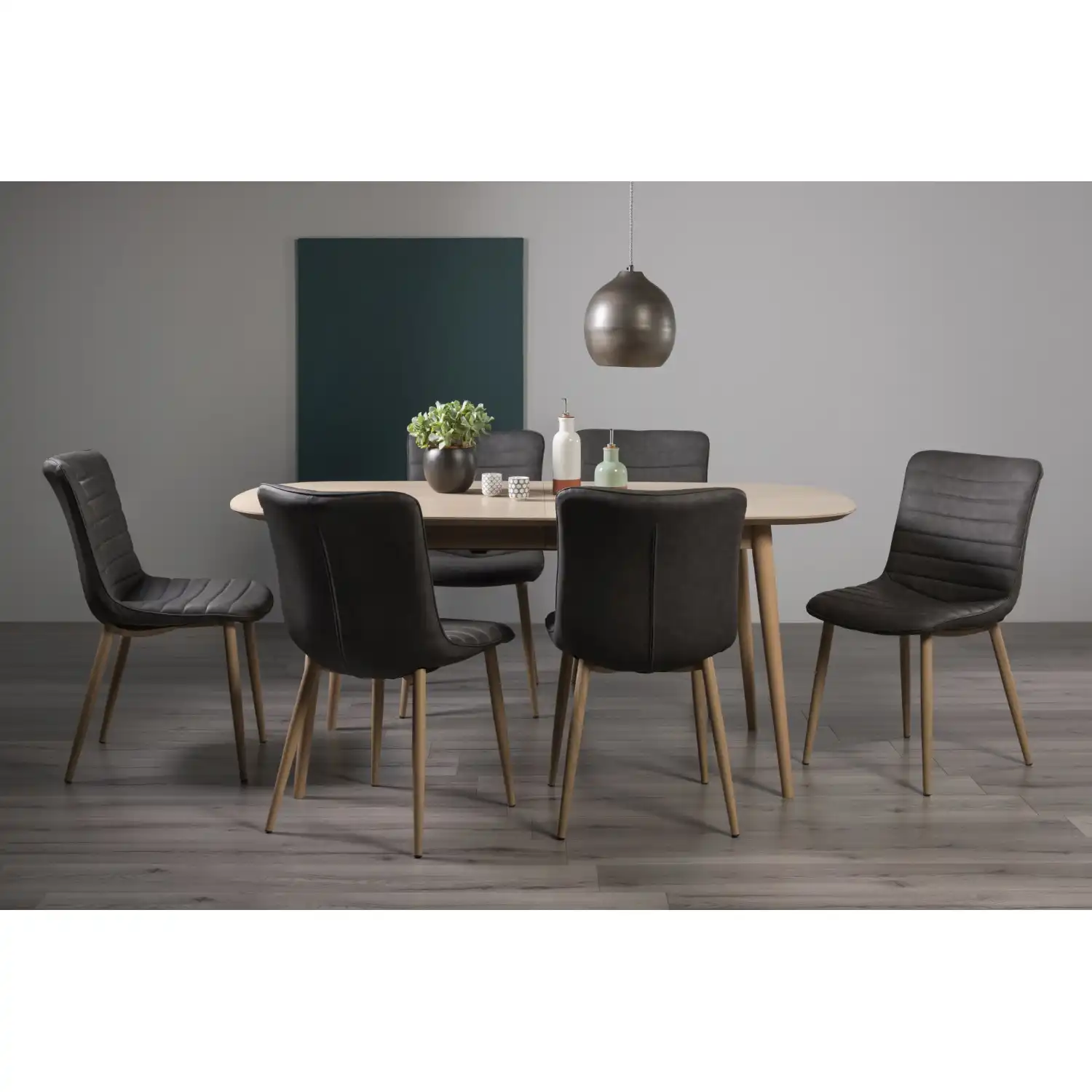 Scandi Oak Extending Dining Table Set 6 Grey Leather Chairs