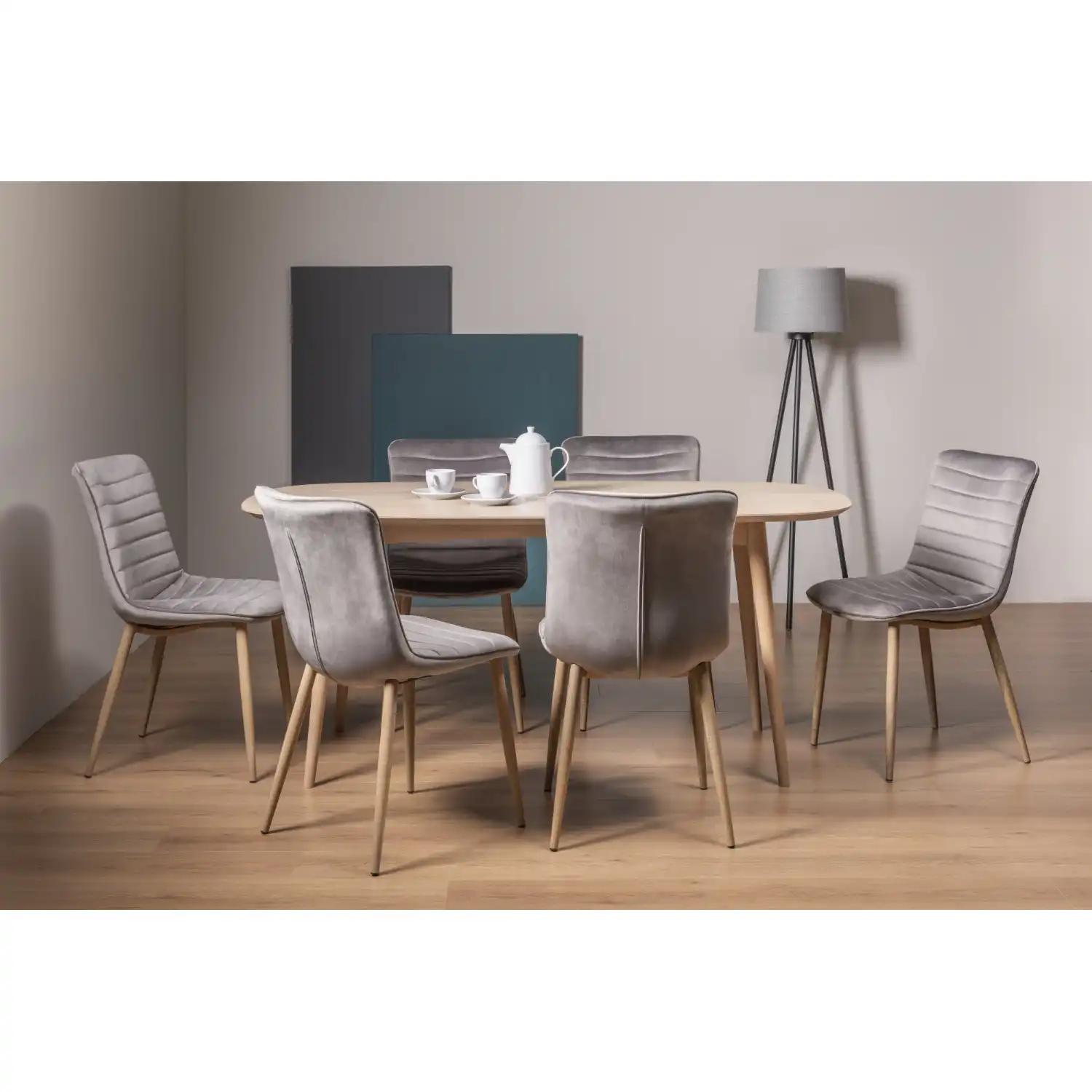 Scandi Oak Large Dining Set Light Grey Fabric Chairs