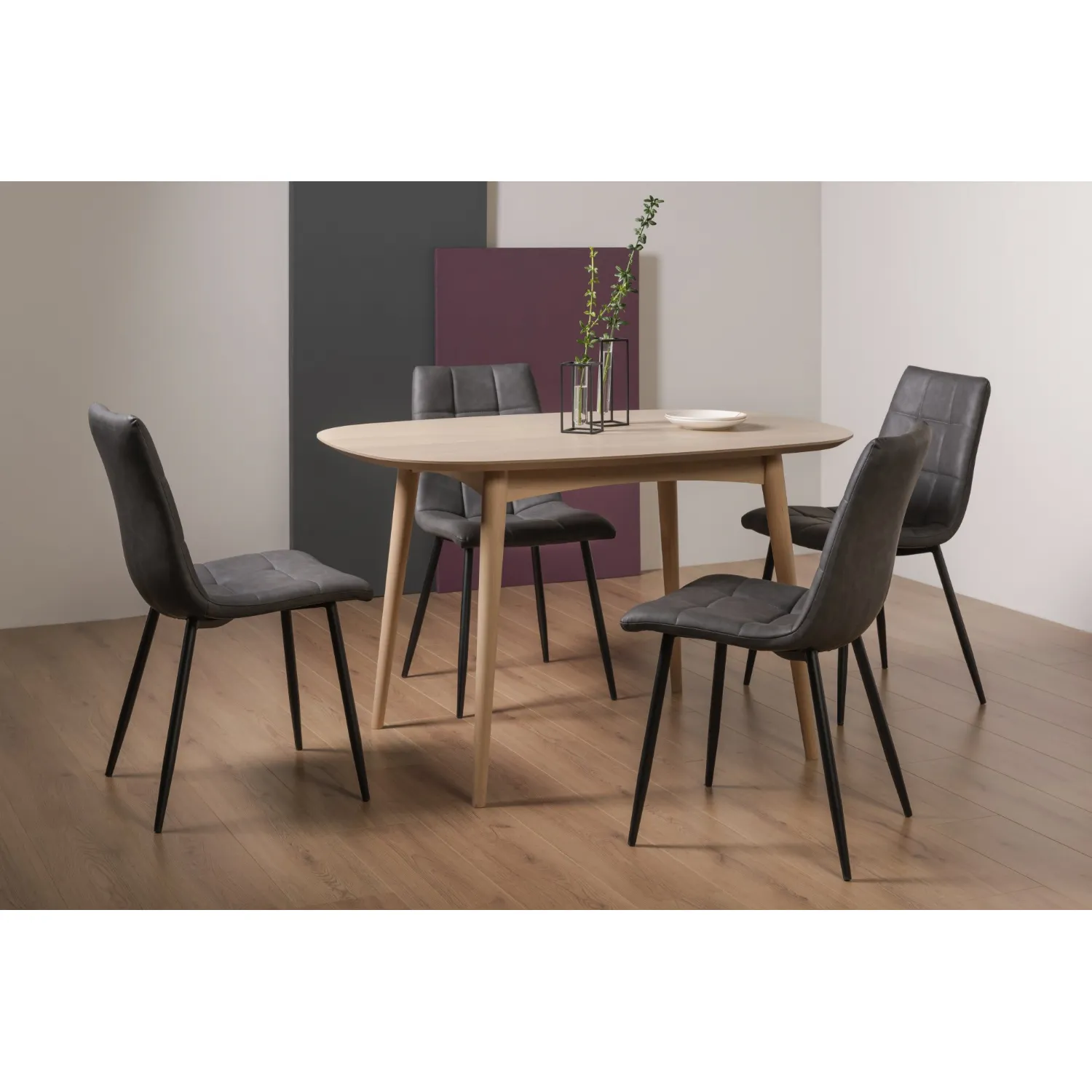 Oak Dining Table Set 4 Grey Leather Chairs