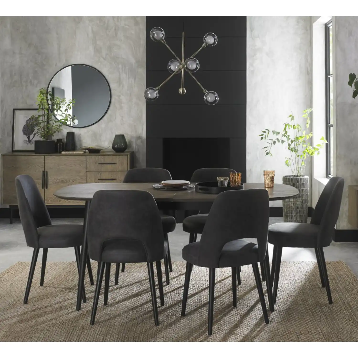 Oval Weathered Dark Oak Extending Dining Set 6 Grey Chairs