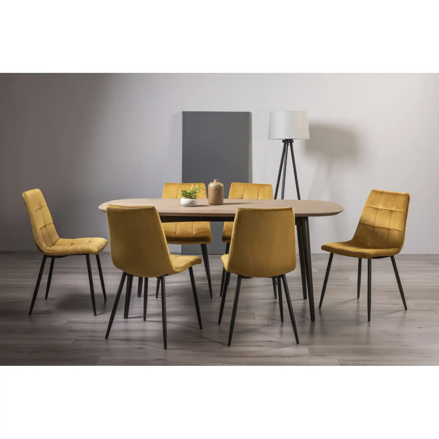 Weathered Oak Table And 6 Yellow Velvet Chairs Dining Set