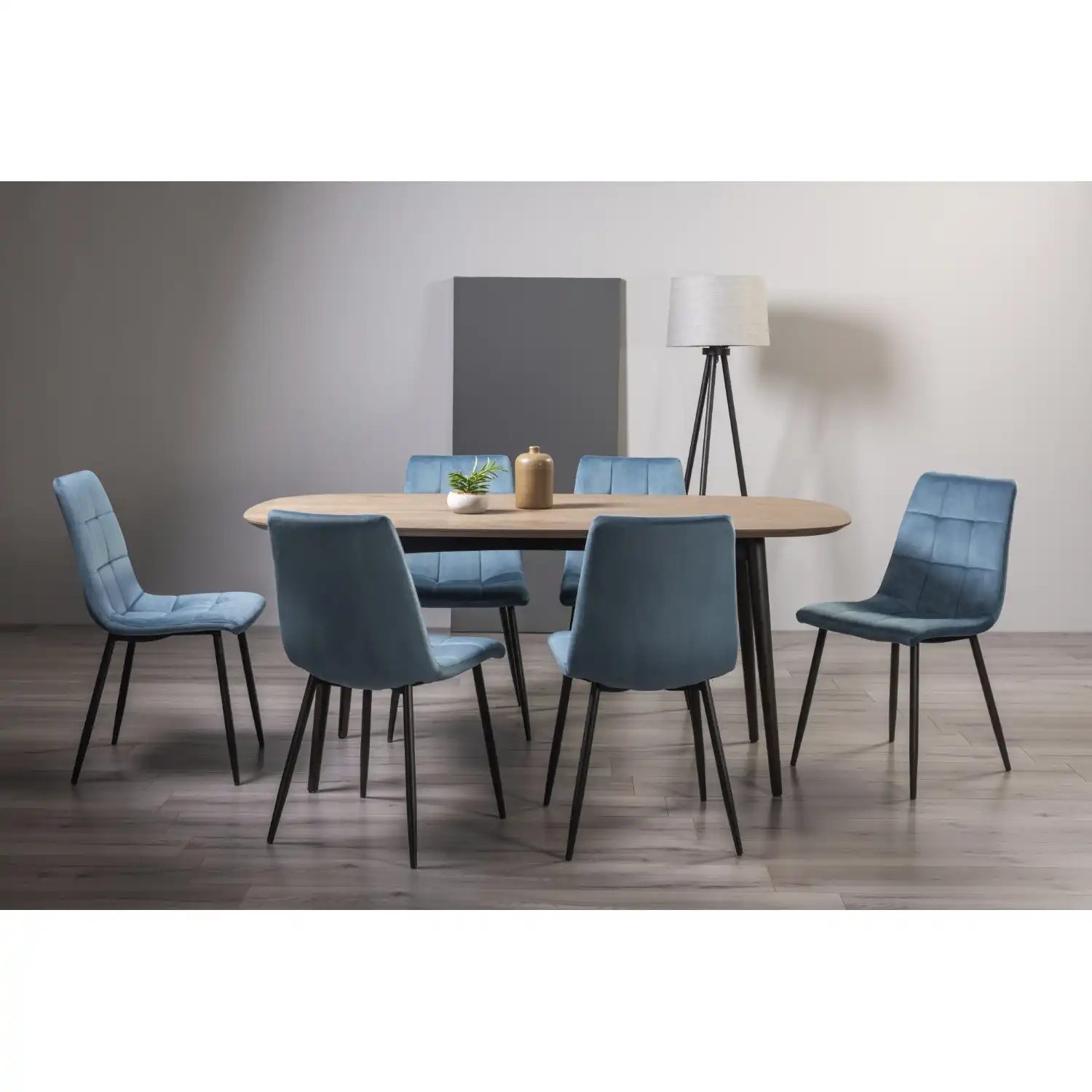 Weathered Oak Dining Table Set with 6 Blue Velvet Chairs