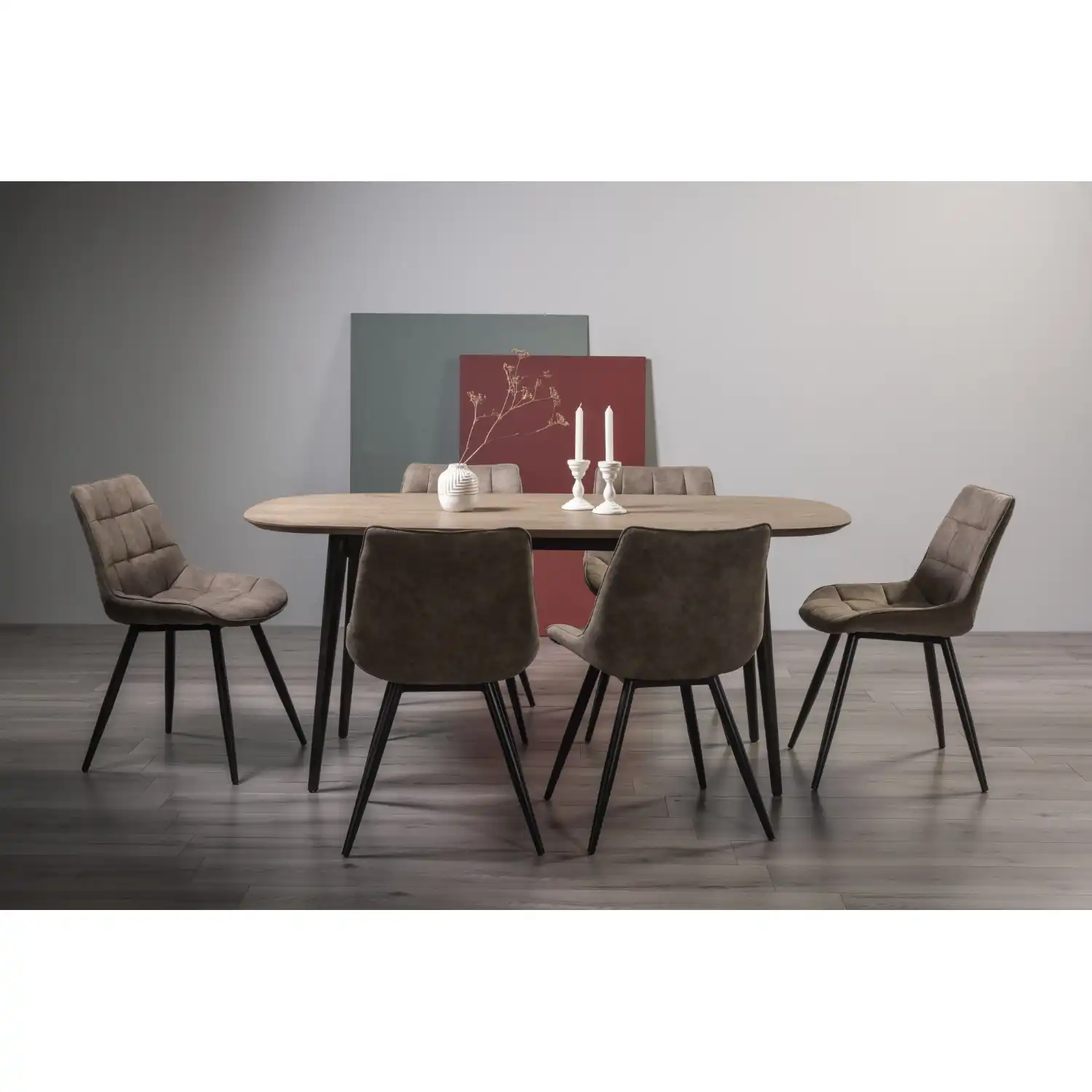 Weathered Oak Dining Set 6 Tan Brown Suede Chairs