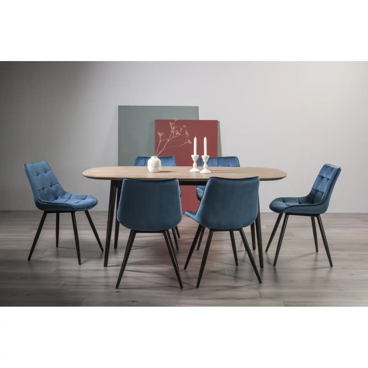 Weathered Oak Dining Set 6 Blue Velvet Fabric Chairs