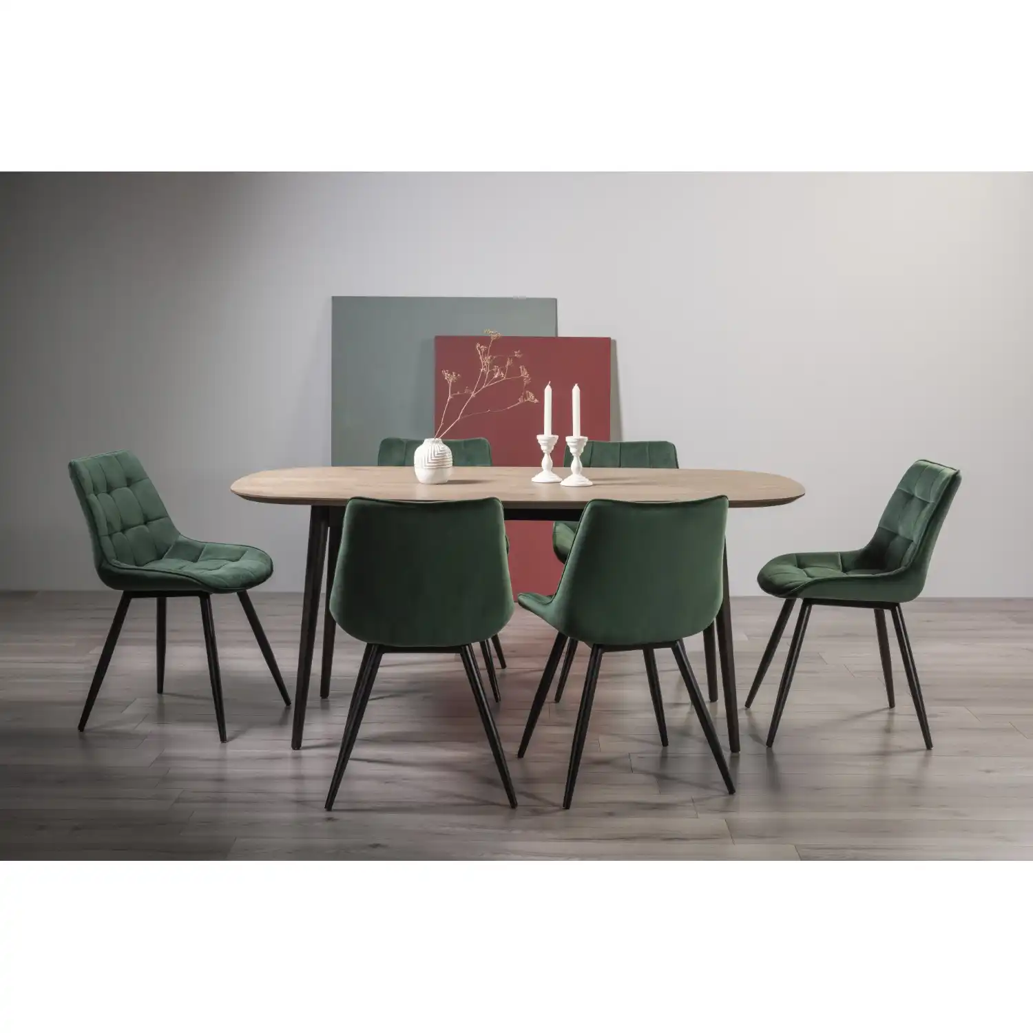 Weathered Oak Dining Set 6 Green Velvet Fabric Chairs