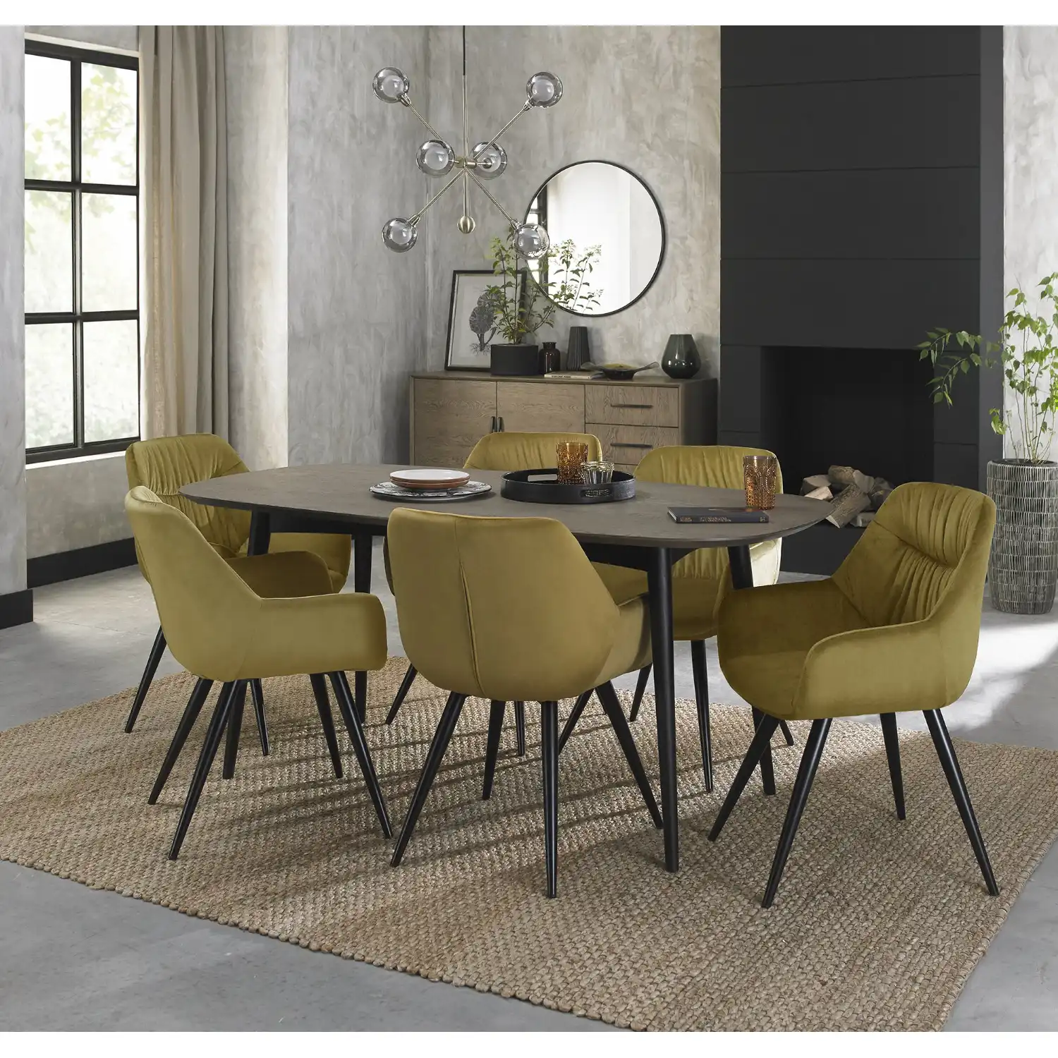 Weathered Oak Dining Table Set 6 Yellow Velvet Fabric Chairs