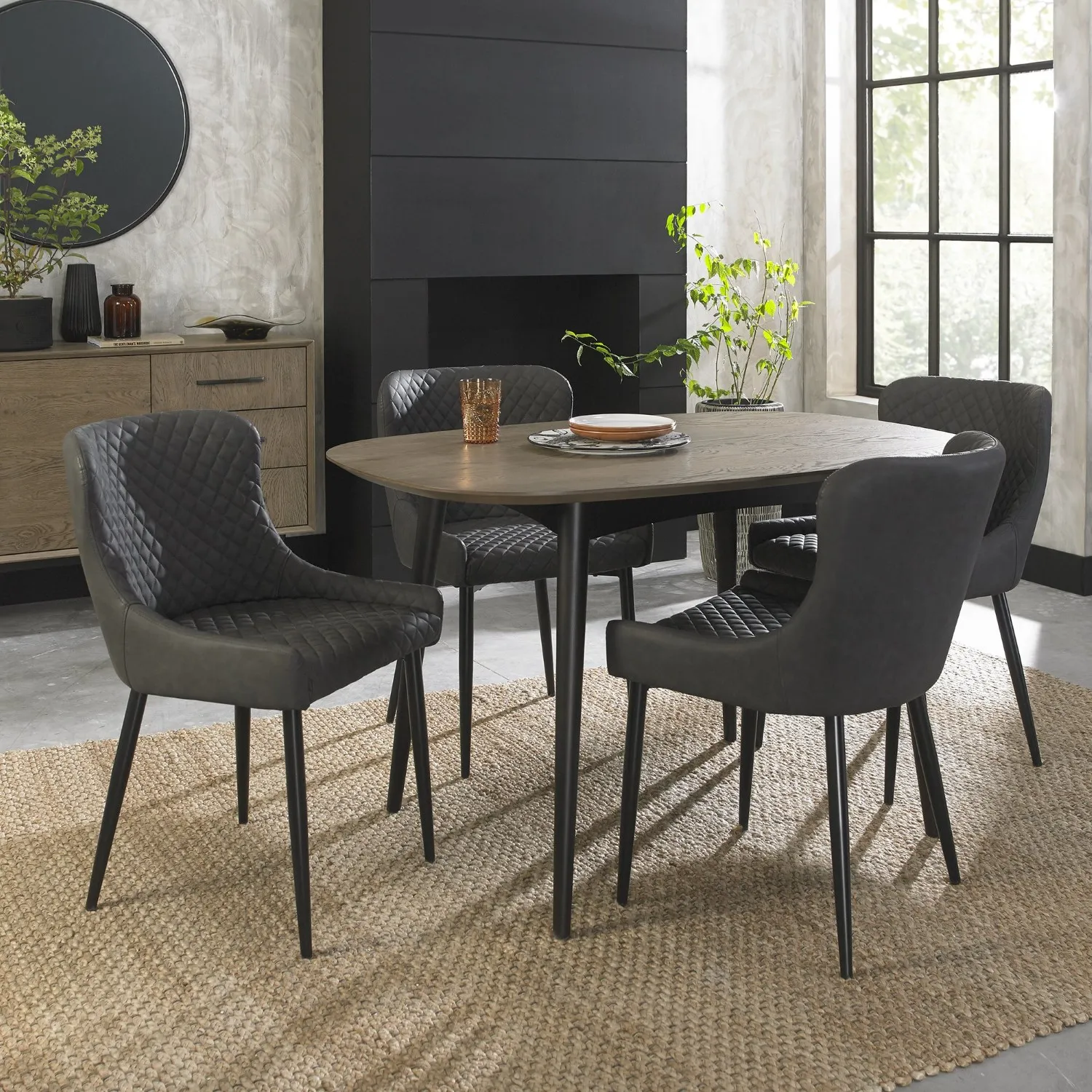 Weathered Oak Dining Table Set 4 Dark Grey Leather Chairs
