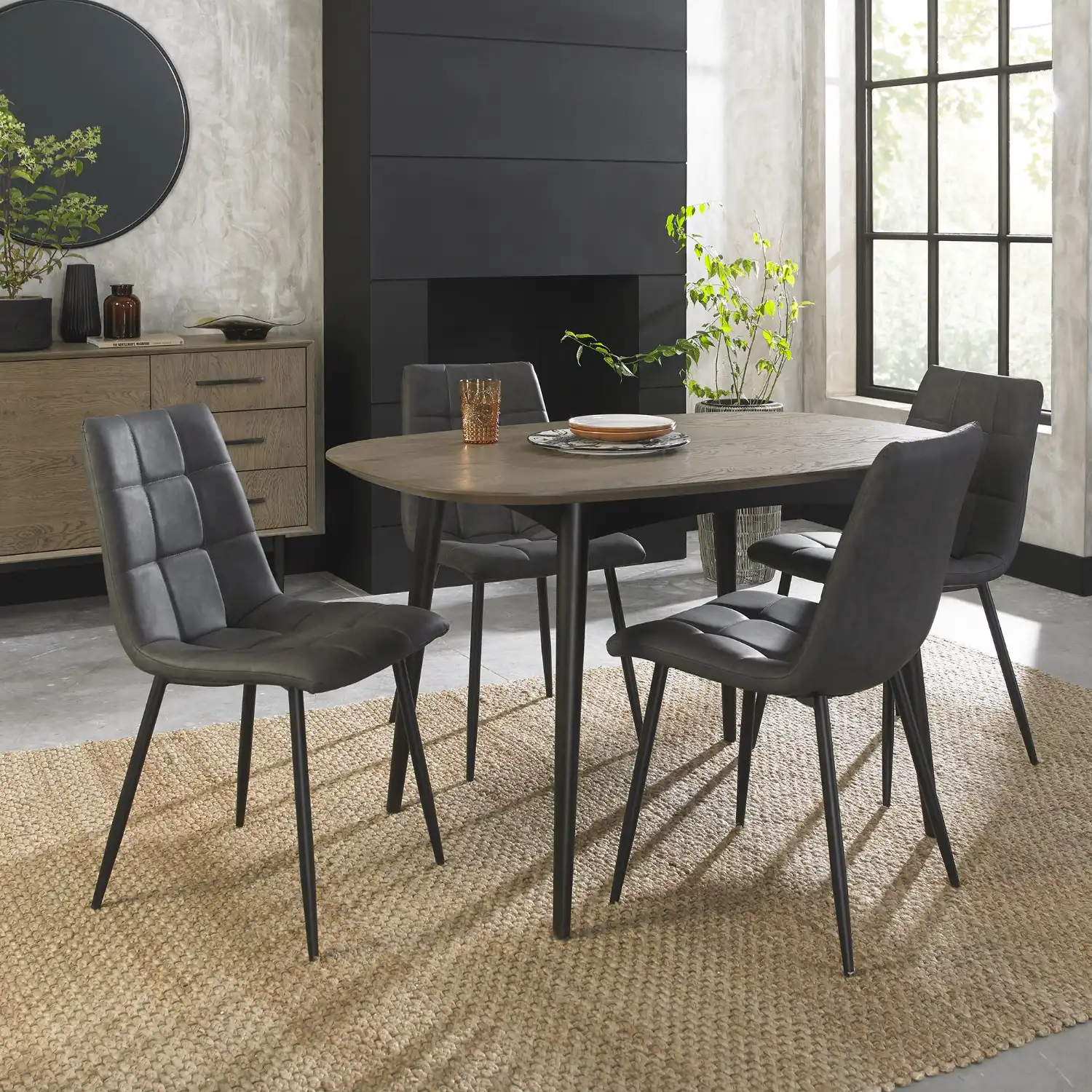 Weathered Oak Table 4 Dark Grey Leather Chairs Dining Set